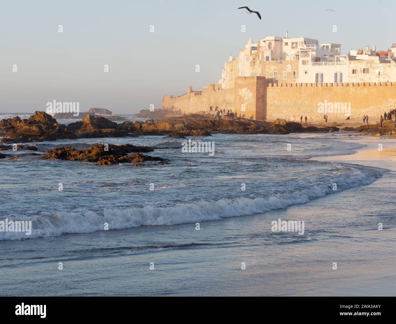 Spiaggia rocciosa con le mura della citta' e la storica medina dietro nella citta' di Essaouira in una serata d'inverno, Marocco, 1 gennaio 2024 Foto Stock