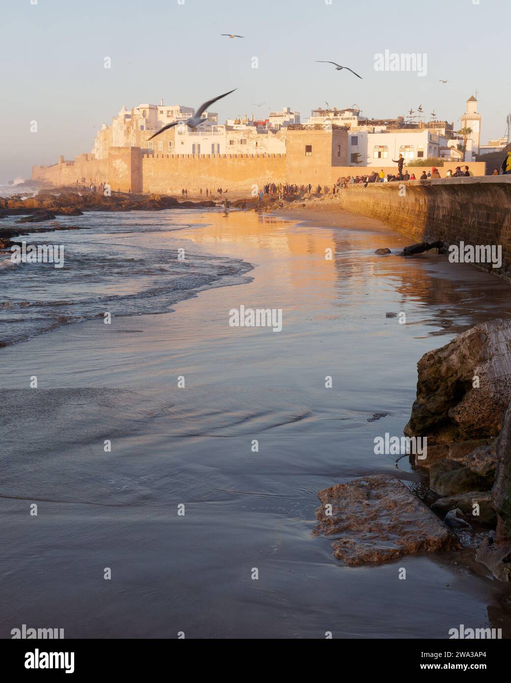 Spiaggia rocciosa con le mura della citta' e la storica medina dietro nella citta' di Essaouira in una serata d'inverno, Marocco, 1 gennaio 2024 Foto Stock