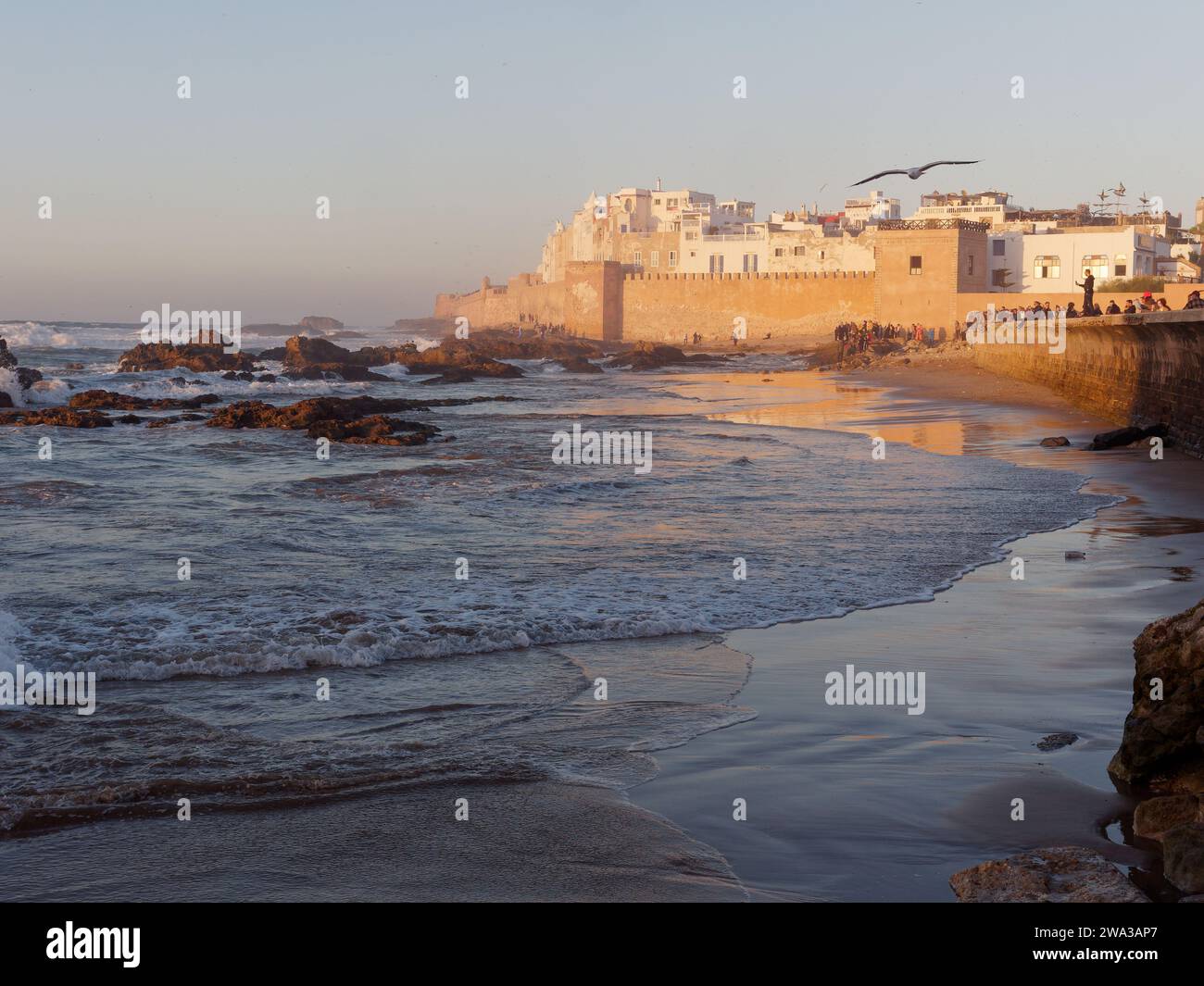 Spiaggia rocciosa con le mura della citta' e la storica medina dietro nella citta' di Essaouira in una serata d'inverno, Marocco, 1 gennaio 2024 Foto Stock