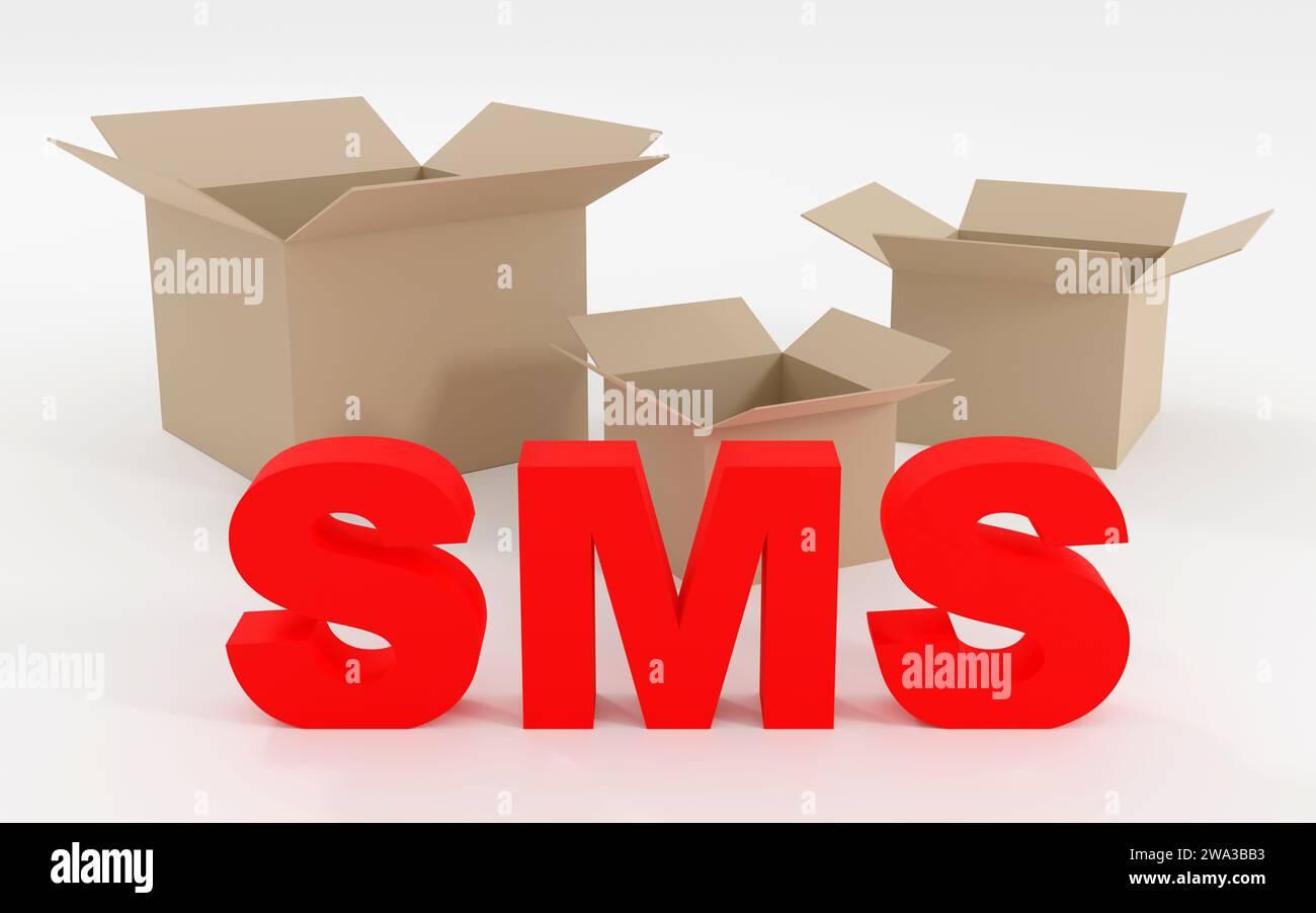 Elegante scritta sms in rosso su podio grigio con caselle vuote, luce soffusa, vista frontale sfondo uniforme, rendering 3d. Foto Stock