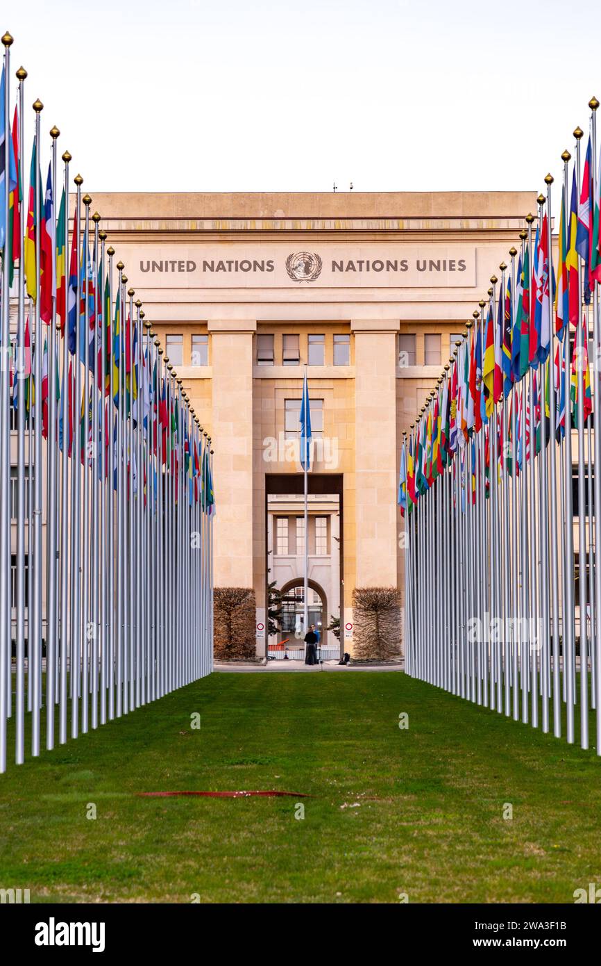 Ginevra, Svizzera - 25 marzo 2022: L'Ufficio delle Nazioni Unite a Ginevra, ospitato nello storico Palais des Nations, è il secondo centro delle Nazioni Unite per grandezza Foto Stock