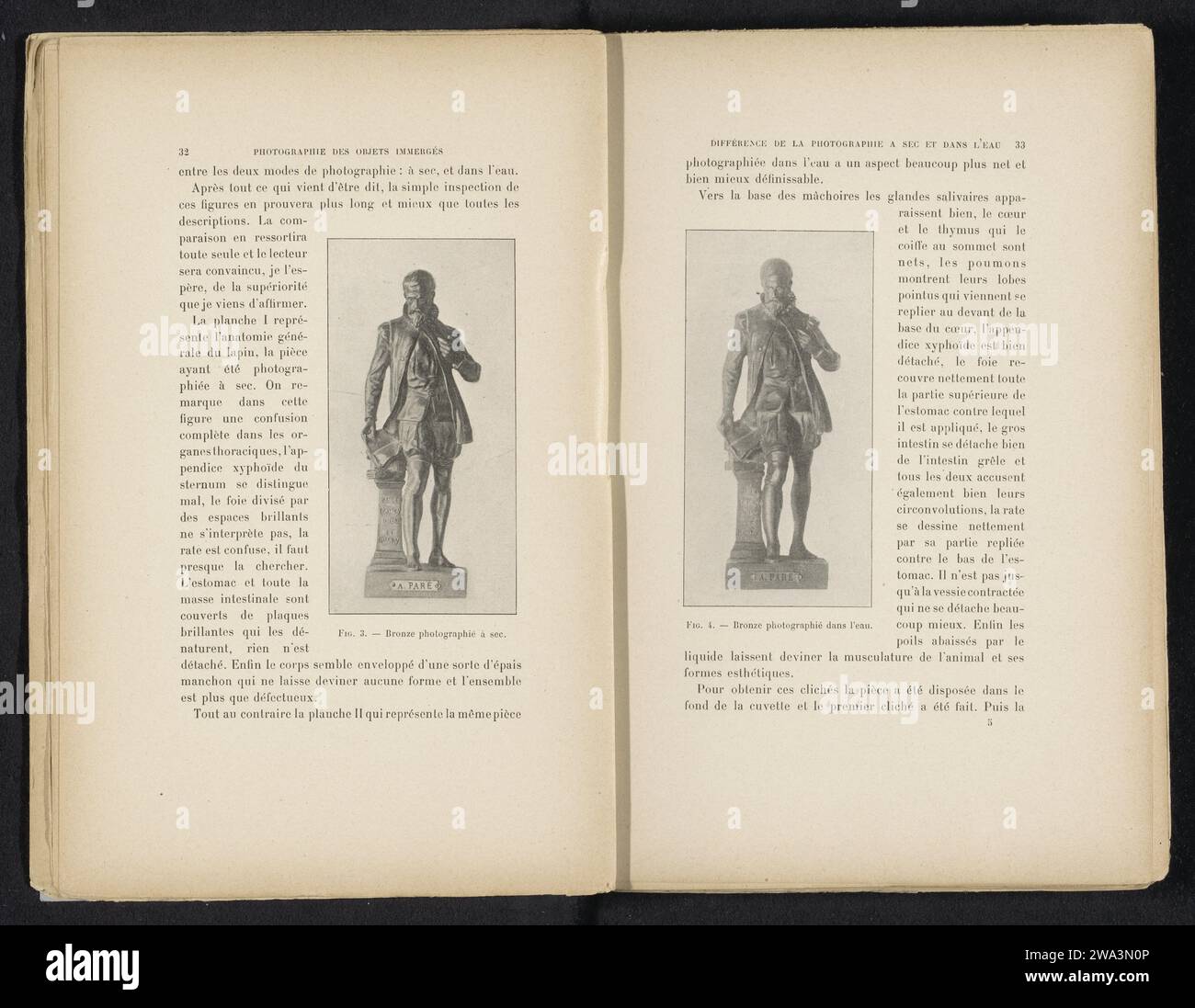 Scultura in bronzo di Ambroise Paré, presumibilmente di Émile Louis Picault, fotografata dall'acqua, Adolphe Louis Donnadieu (possibile), c. 1891 - in o prima del 1901 stampa fotomeccanica prevenire nell'album 'The Photograph of Submerged Objects', 1901. Scultura di carta di Parigi Foto Stock