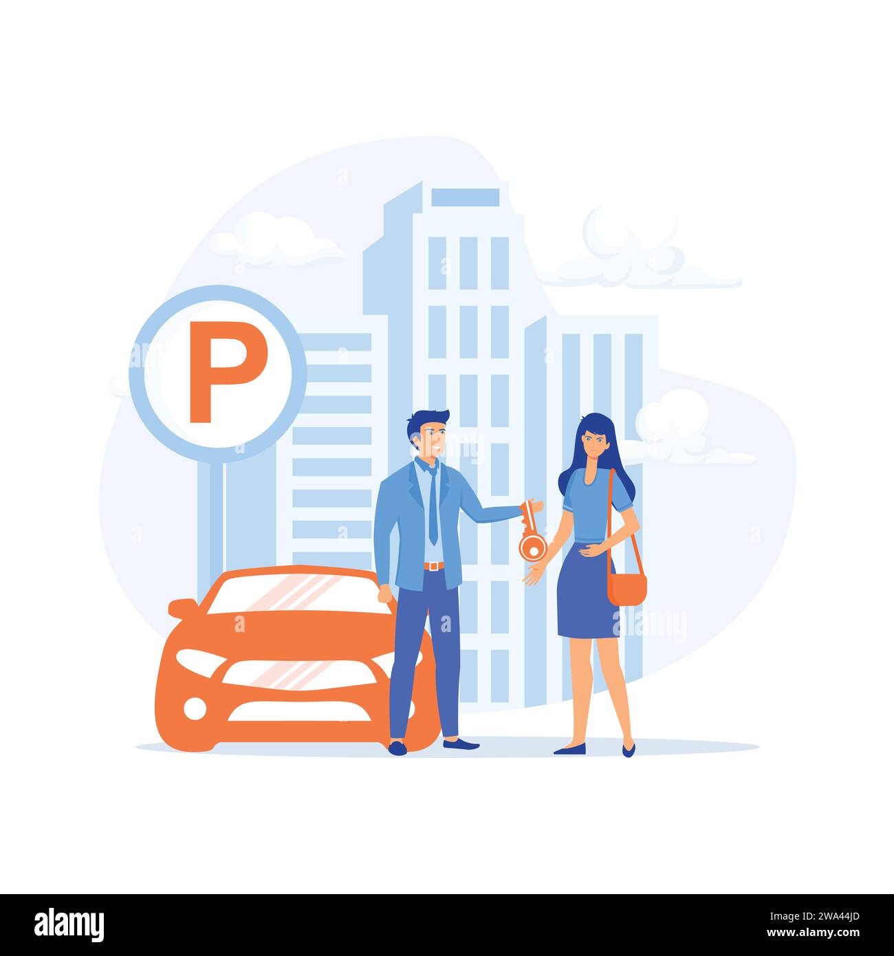 Servizio dell'hotel, il personale addetto al parcheggio riceve le chiavi dall'auto del cliente. illustrazione moderna a vettore piatto Illustrazione Vettoriale