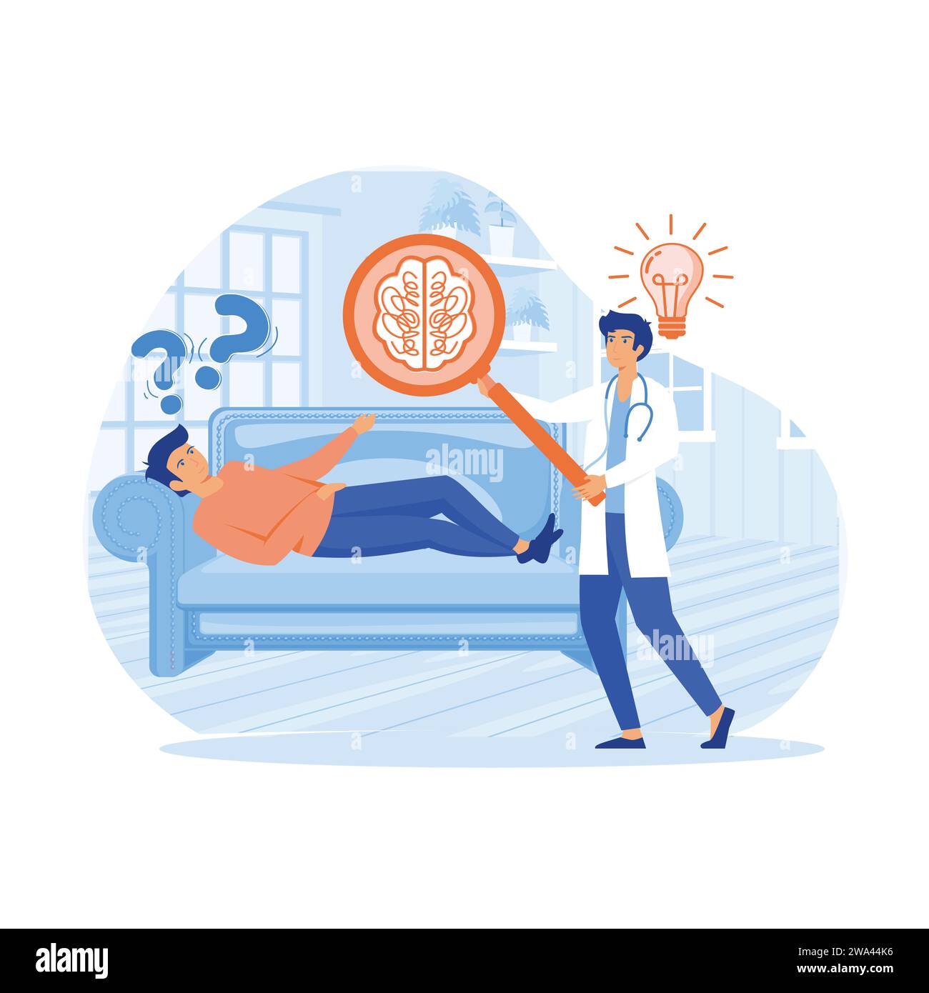 Illustrazione vettoriale, psicoterapia, disfarsi di situazioni complesse, concetto di psichiatria sociale, terapeuta e vettore paziente. moderna illu Illustrazione Vettoriale