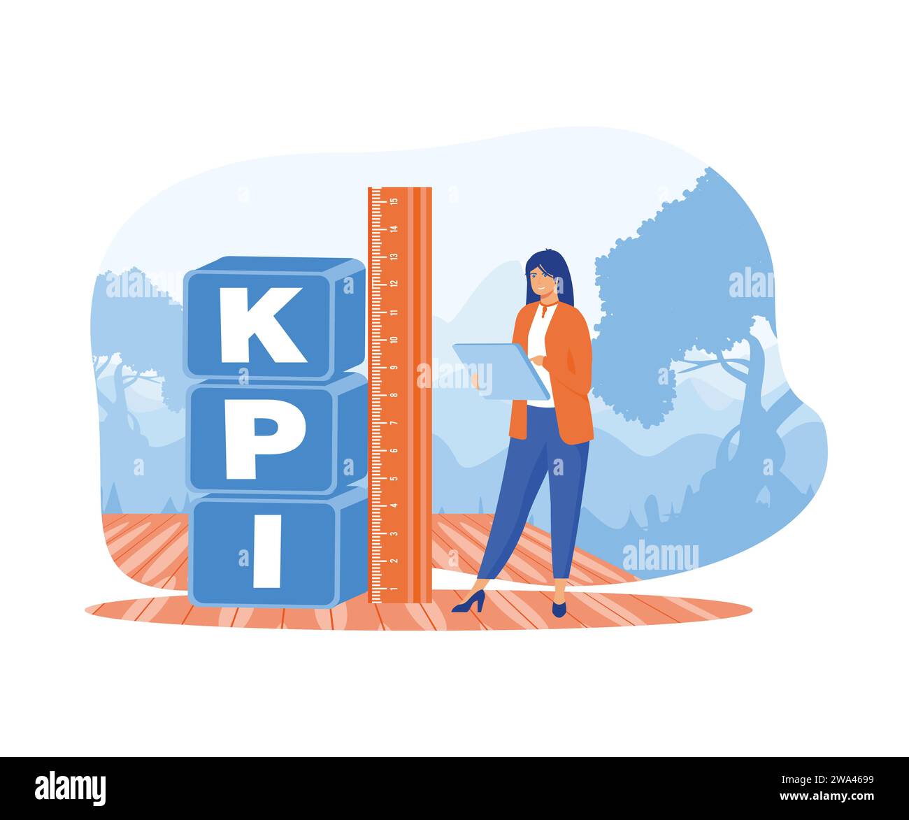 KPI, misurazione degli indicatori chiave delle prestazioni per valutare il successo o raggiungere l'obiettivo. illustrazione moderna a vettore piatto Illustrazione Vettoriale