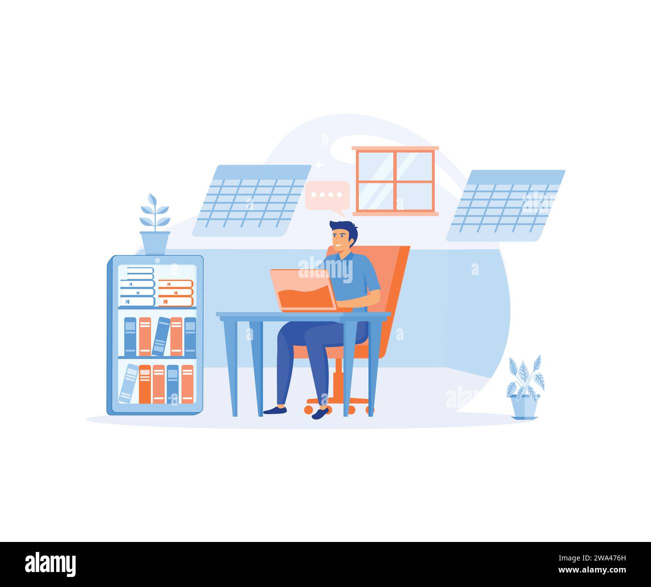 Uomo che lavora con big data e database, utilizzando notebook e tabelle Excel. illustrazione moderna a vettore piatto Illustrazione Vettoriale