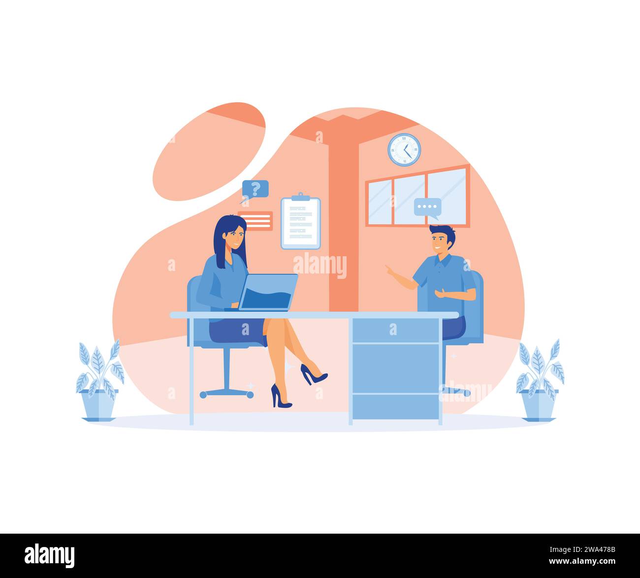 Colloquio di lavoro. Un uomo che parla con una giovane donna con un portatile. illustrazione vettoriale moderna Illustrazione Vettoriale
