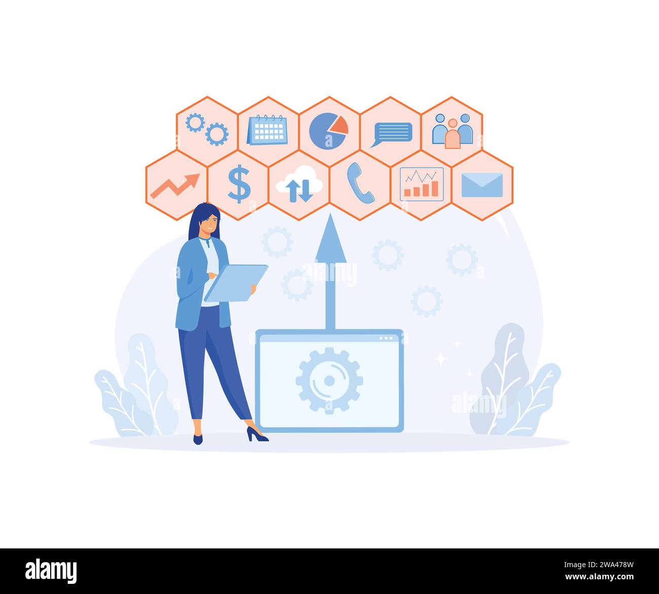 Business Intelligence. Strumenti e software per le prestazioni. illustrazione moderna a vettore piatto Illustrazione Vettoriale