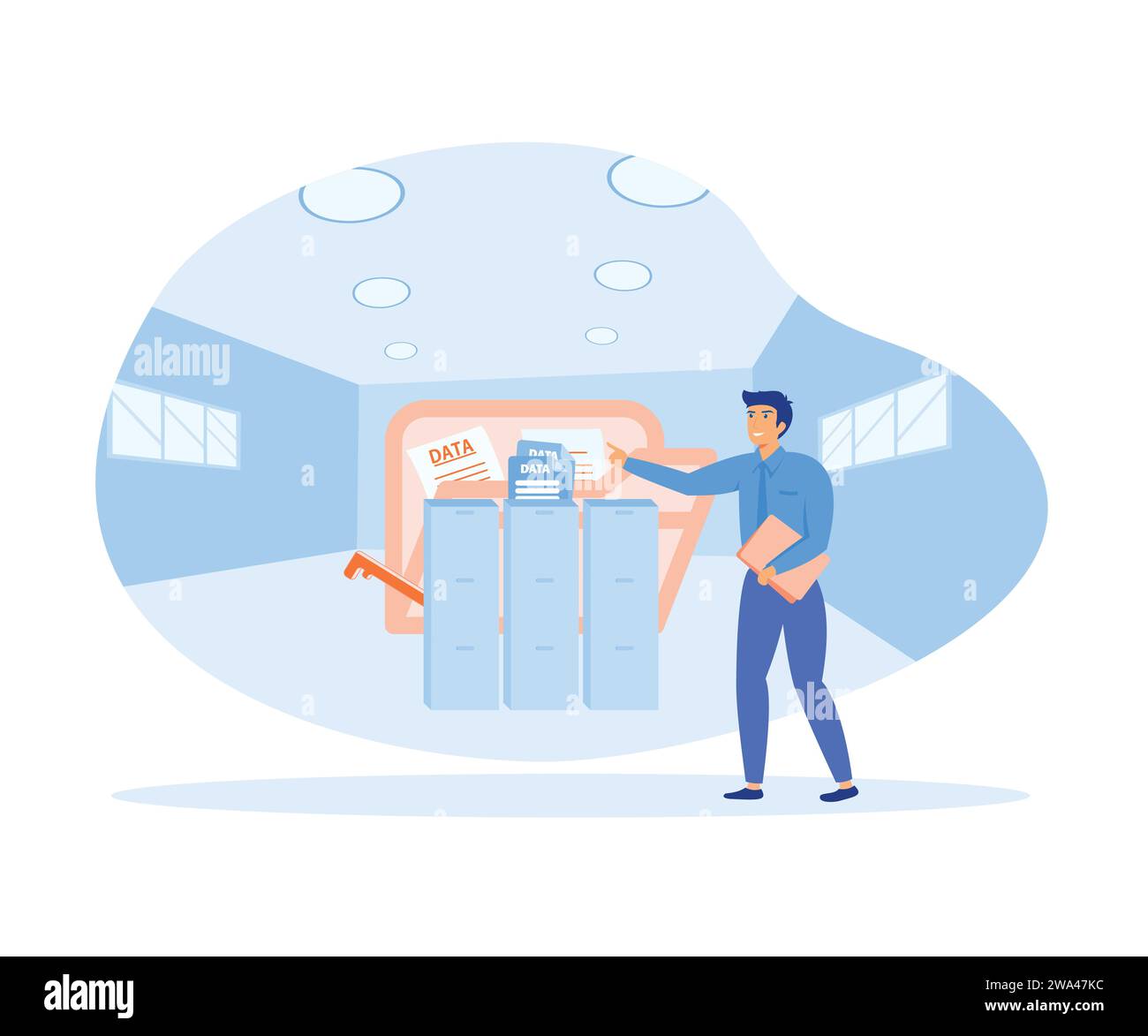 Sistema di gestione dei dati per uomini d'affari, tecnologia cloud, Internet e concetto aziendale. illustrazione moderna a vettore piatto Illustrazione Vettoriale