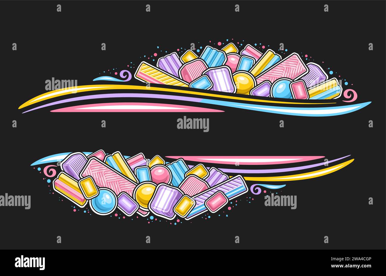 Bordo vettoriale per Bubble Gum con spazio di copia vuoto per il testo dell'annuncio, cartellone orizzontale con illustrazione delle varie gomme da bolla, layout decorativo con Illustrazione Vettoriale