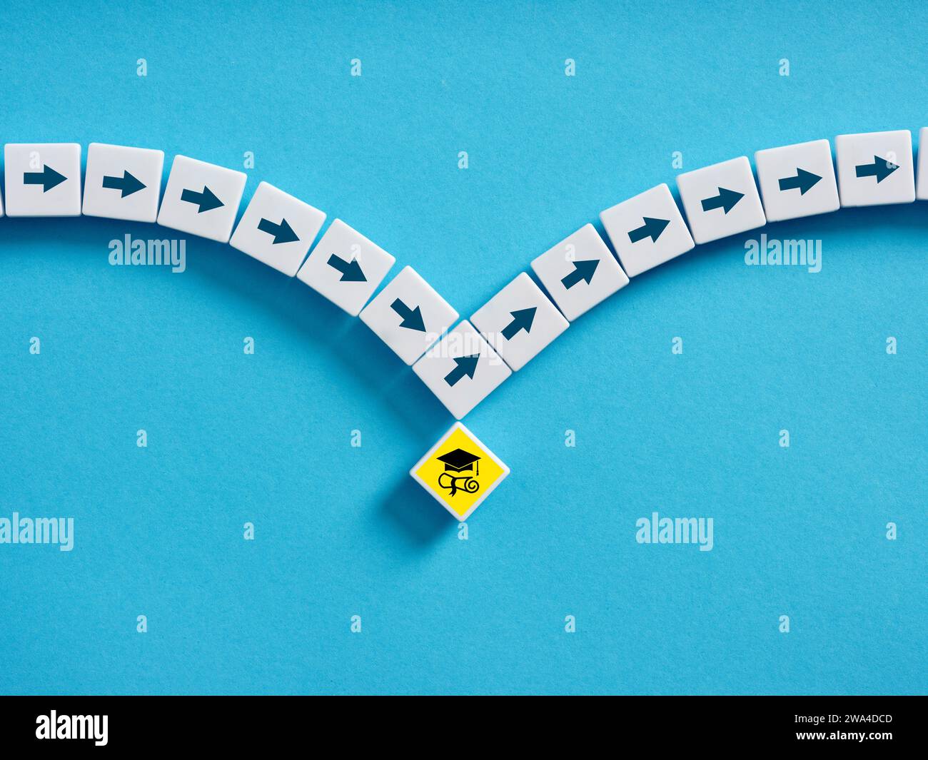 Passiamo alla prossima vita dopo la laurea. Piani, passi successivi e percorso da seguire dopo la laurea. I blocchi con simboli freccia toccano il blocco con Foto Stock