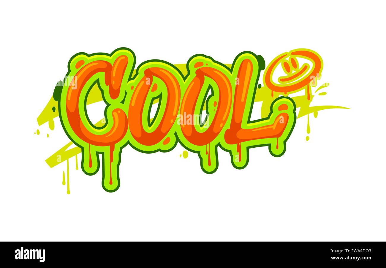 Graffiti alla moda, Street art o scritte in stile urbano con vernice spray sulle pareti e grafica vettoriale. Parola graffiti Cool in vernice verde arancione aerografo con emoji sorriso e gocce di vernice Illustrazione Vettoriale