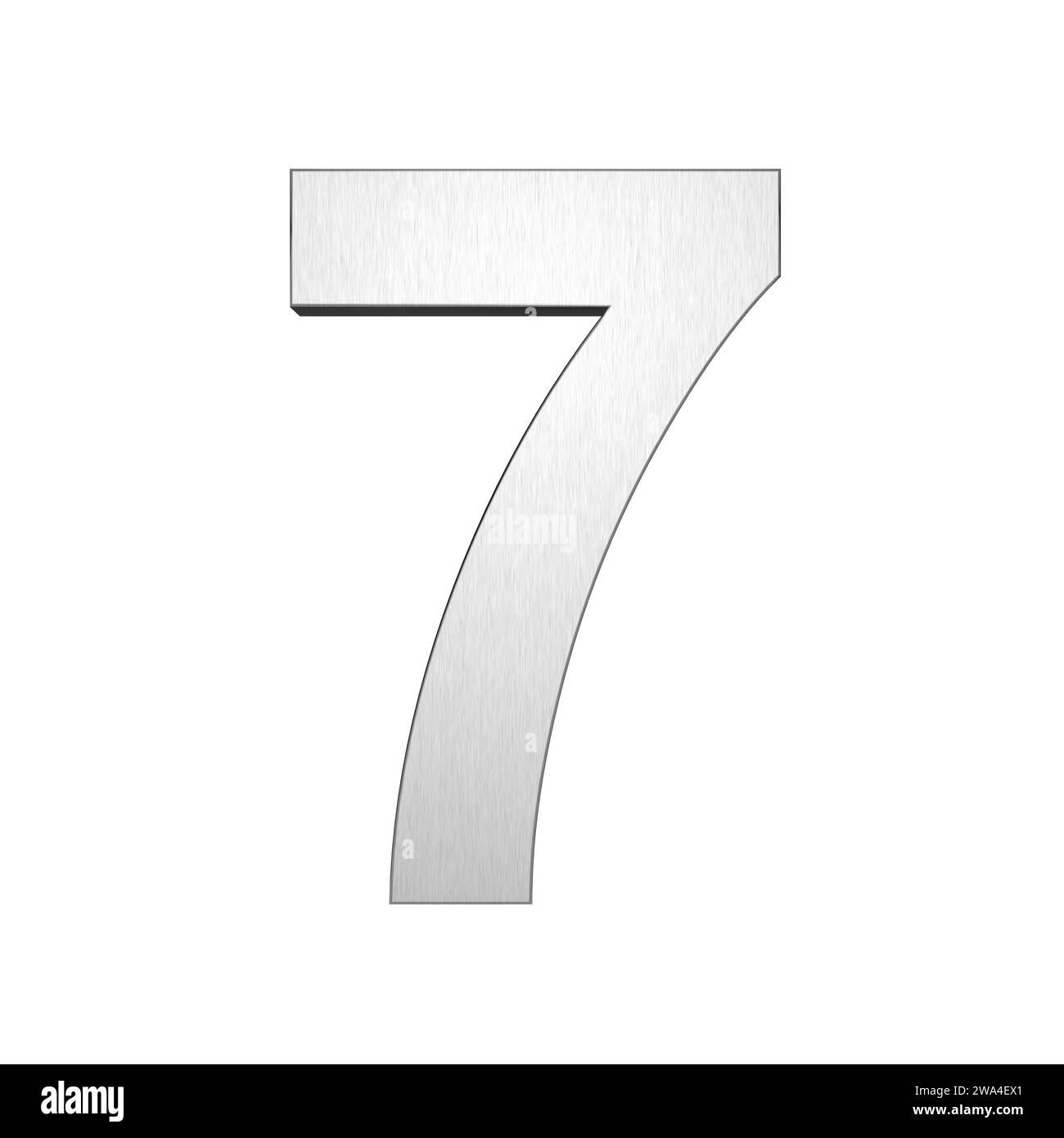 Metallo spazzolato grigio numero sette 7 isolato su sfondo bianco. Rendering 3D. Foto Stock