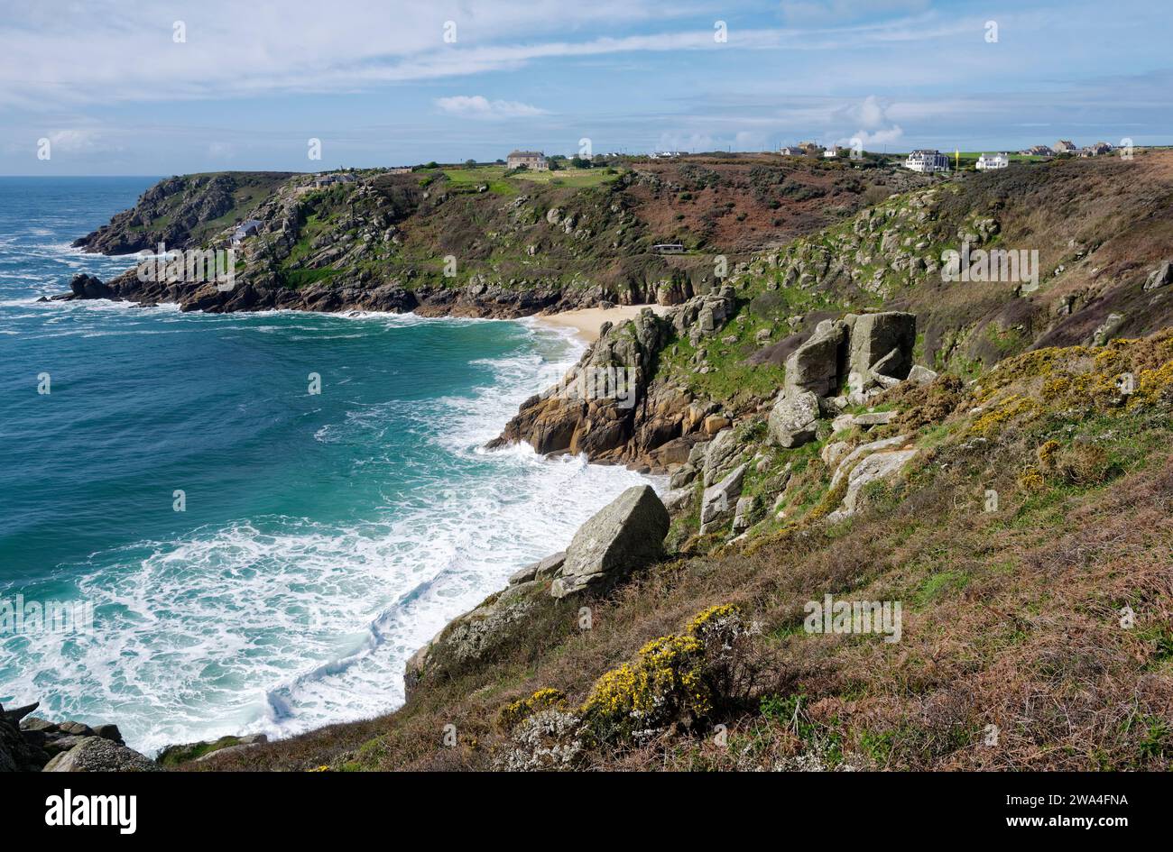 Minack Point, Porth Curno e Percella Point, West Penwith, Cornovaglia, Regno Unito Foto Stock