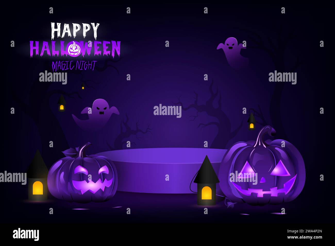 Sfondo di Halloween con un modellino del podio per l'esposizione dei prodotti, illustrazione vettoriale Illustrazione Vettoriale