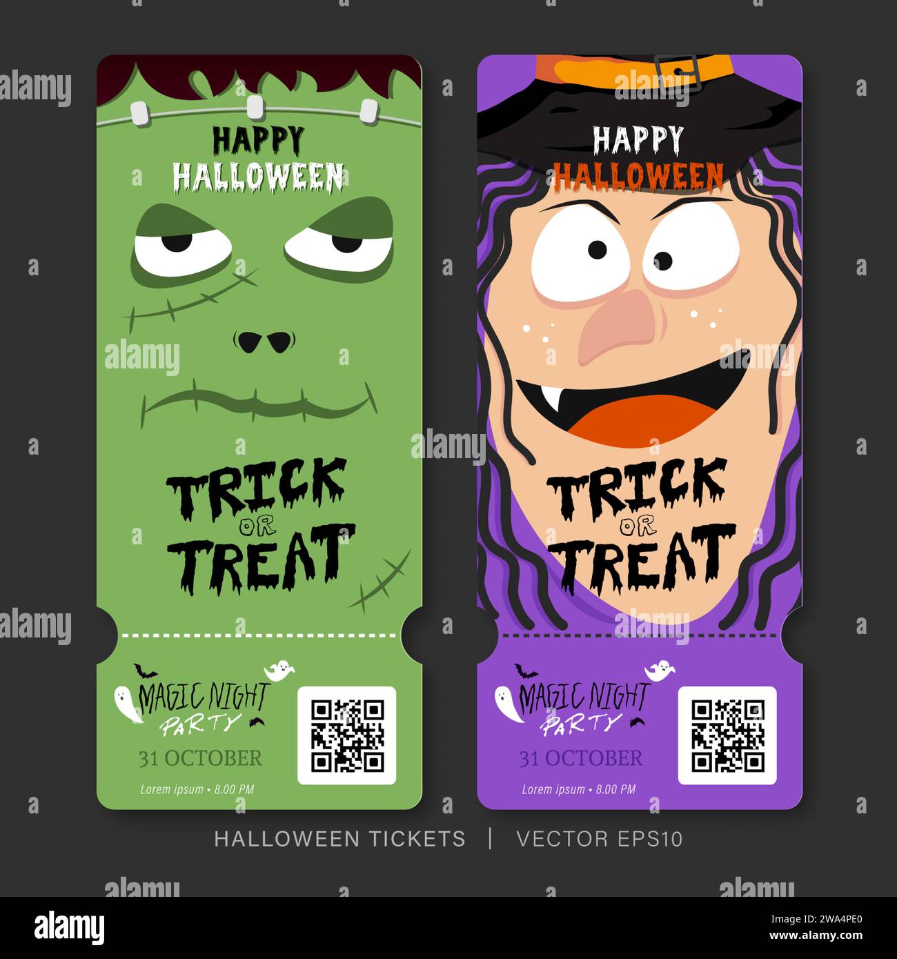 Modello di biglietto per la festa di Halloween con Frankenstein e set di due disegni vettoriali per il viso della strega Illustrazione Vettoriale
