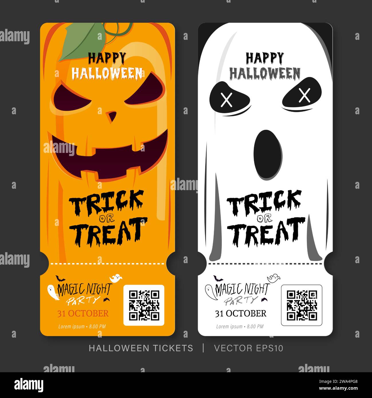 Modello di biglietto per la festa di Halloween con zucche Jack o lanterna e set di due disegni di fantasmi, illustrazioni vettoriali Illustrazione Vettoriale
