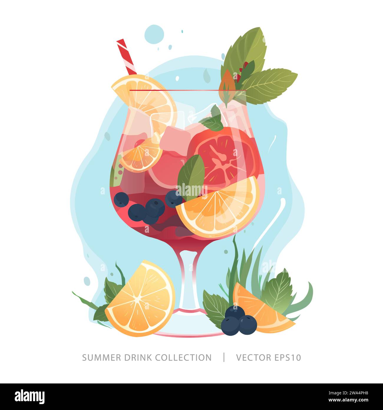 Cocktail tropicale estivo nel bicchiere guarnito con agrumi colorati e succo di frutta Illustrazione Vettoriale