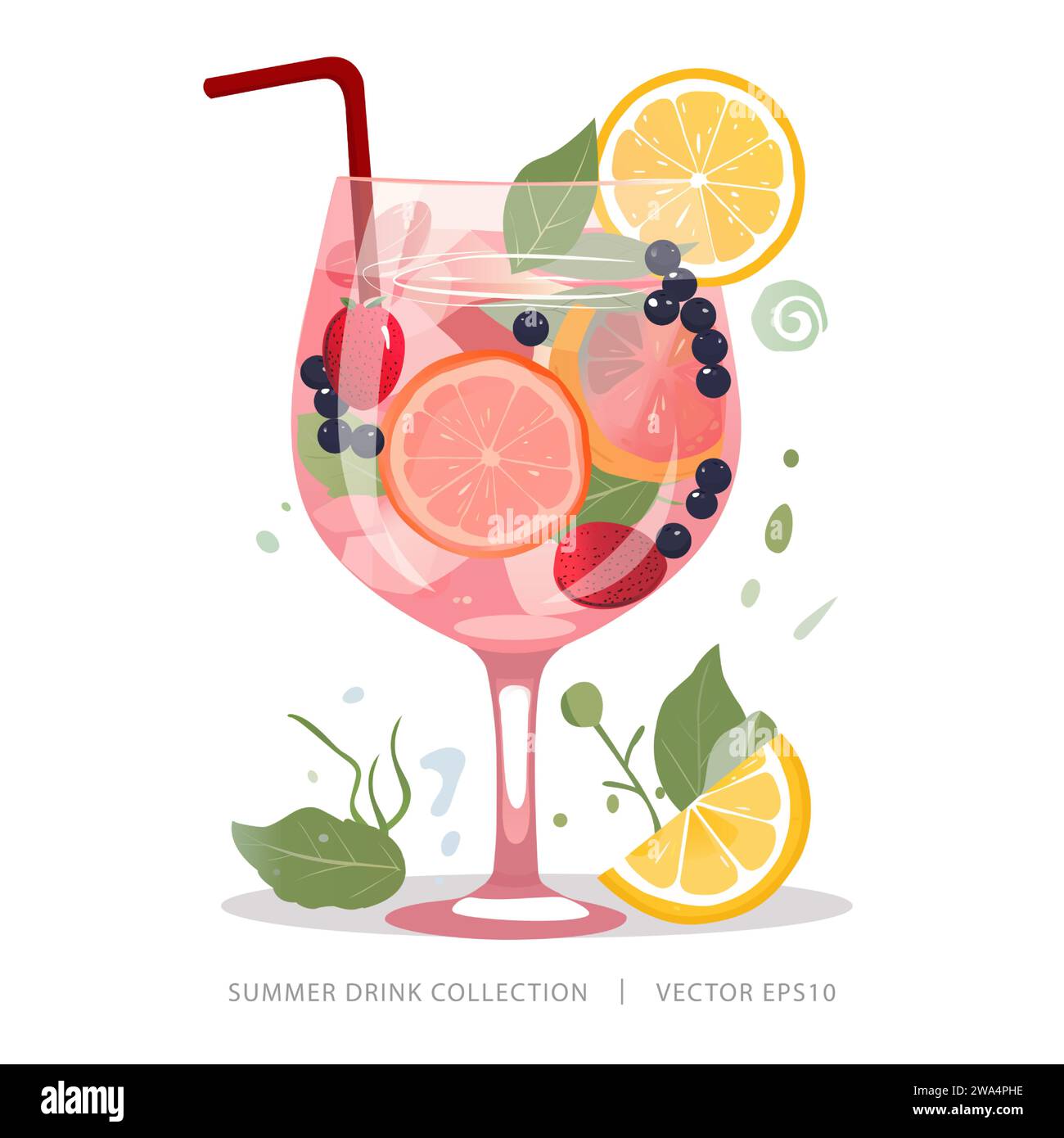 Cocktail tropicale estivo nel bicchiere guarnito con agrumi colorati e succo di frutta Illustrazione Vettoriale