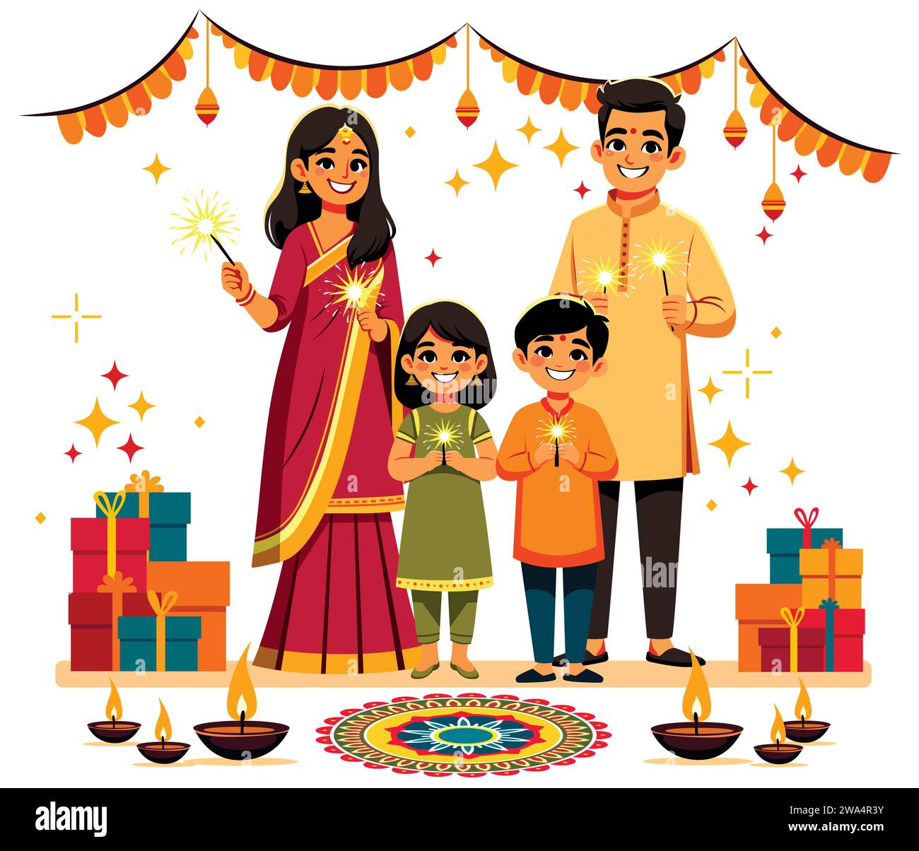 Illustrazione di stile piatto della felice famiglia indiana in un abbigliamento tradizionale, che celebra il Diwali. Illustrazione Vettoriale