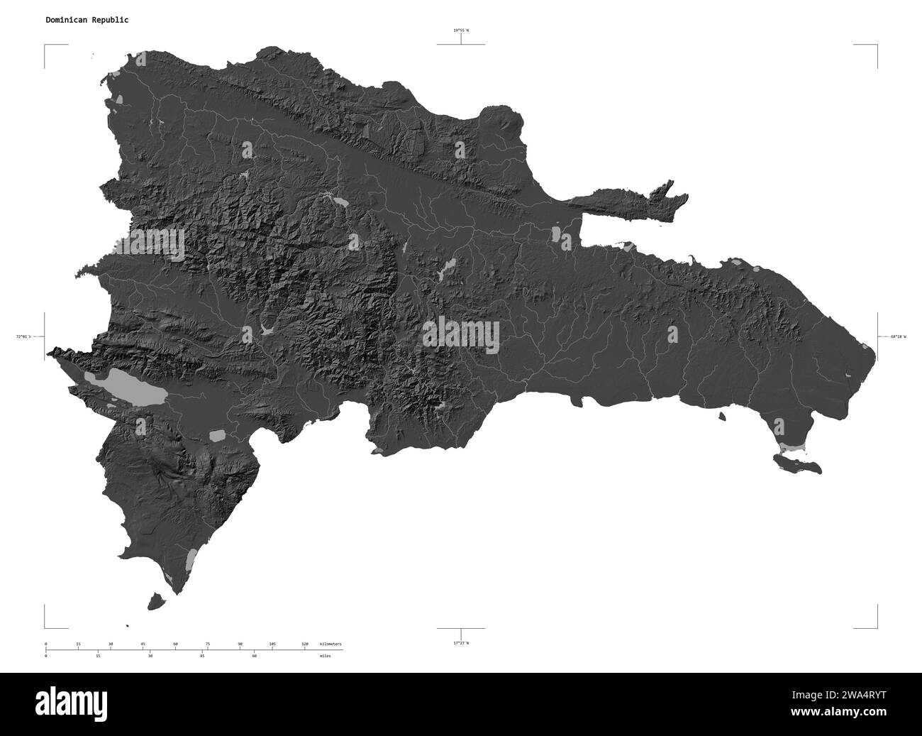 Forma di una mappa di elevazione bilivello con laghi e fiumi della Repubblica Dominicana, con scala di distanza e coordinate di confine della mappa, isolati su bianco Foto Stock