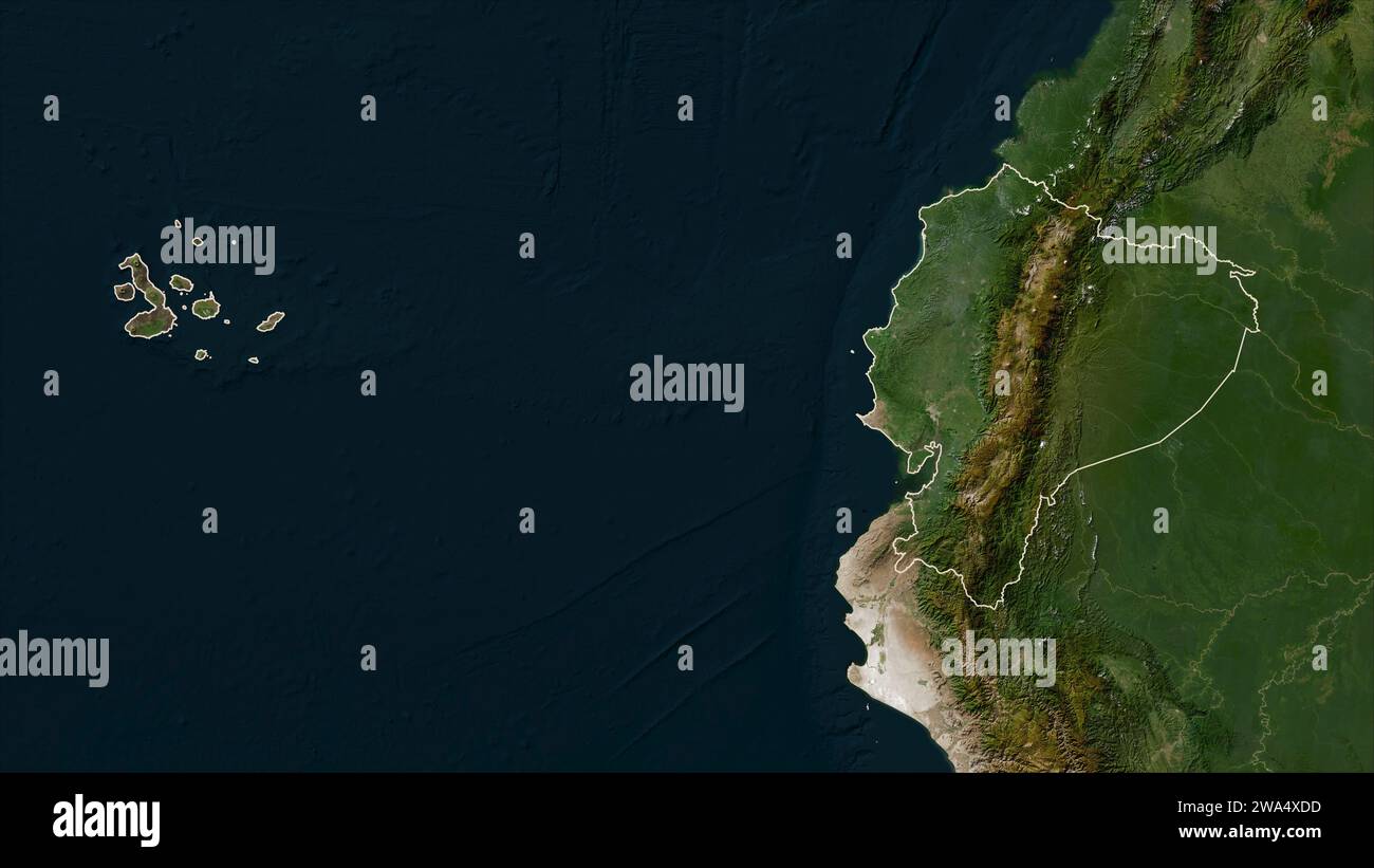Ecuador con le isole Galapagos delineate su una mappa satellitare a bassa risoluzione Foto Stock