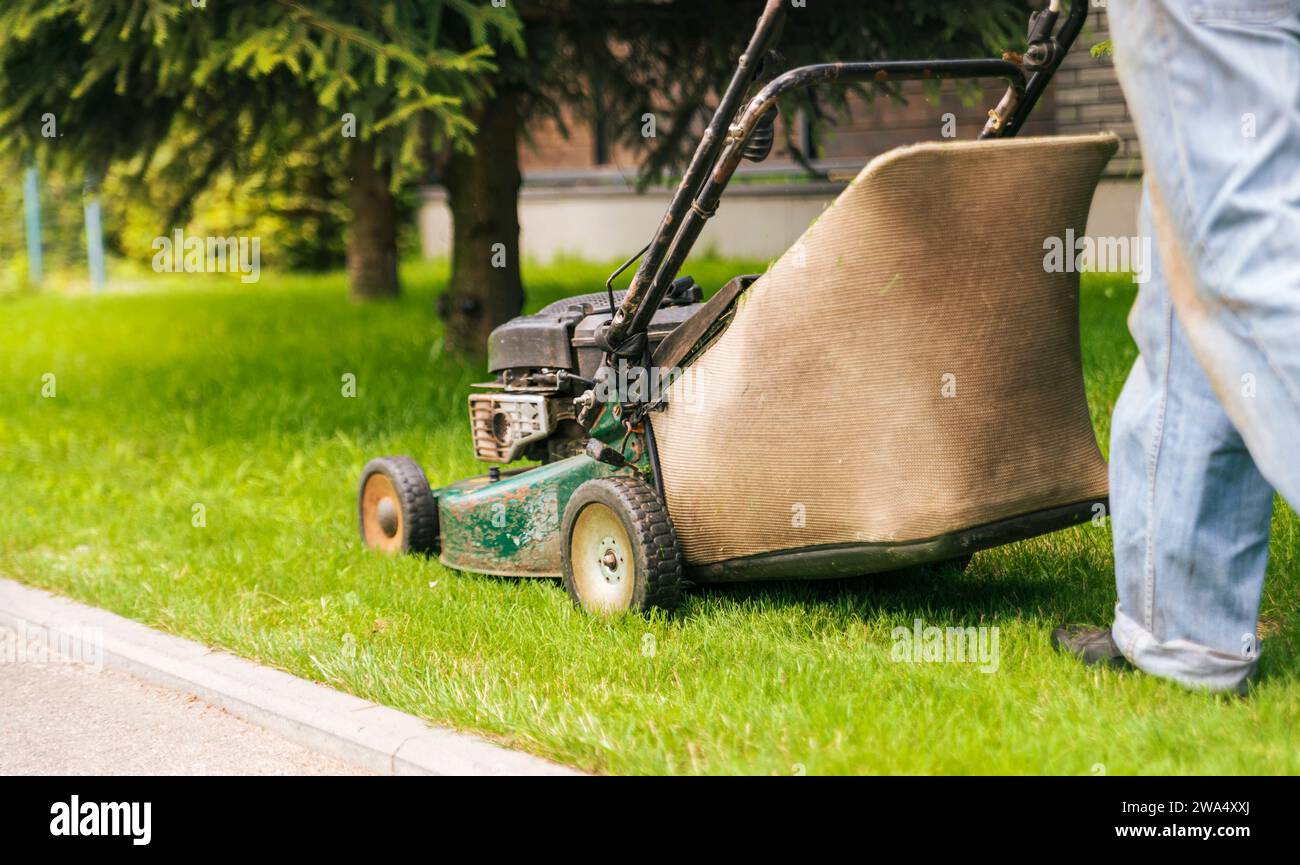 Il lavoratore taglia il prato con un rasaerba. Tagliare il prato in giardino. Foto Stock