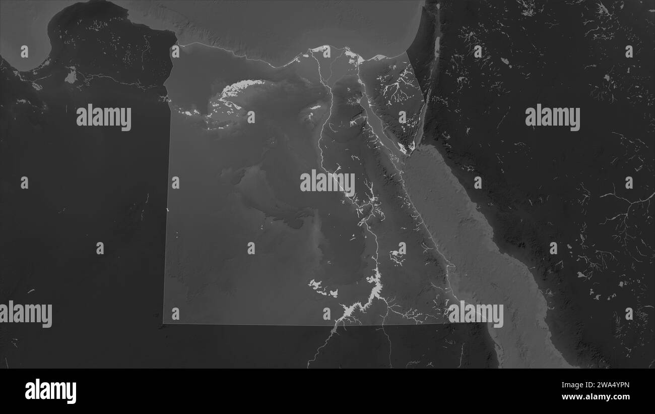 Egitto evidenziato su una mappa di elevazione in scala di grigi con laghi e fiumi Foto Stock