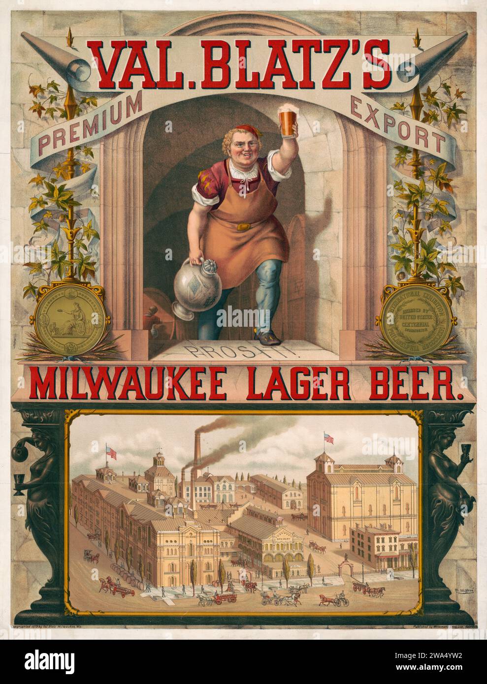 Val. La birra lager Milwaukee, un birrificio che eroga un bicchiere di birra, e una vista dall'alto del birrificio. c 1879 Foto Stock
