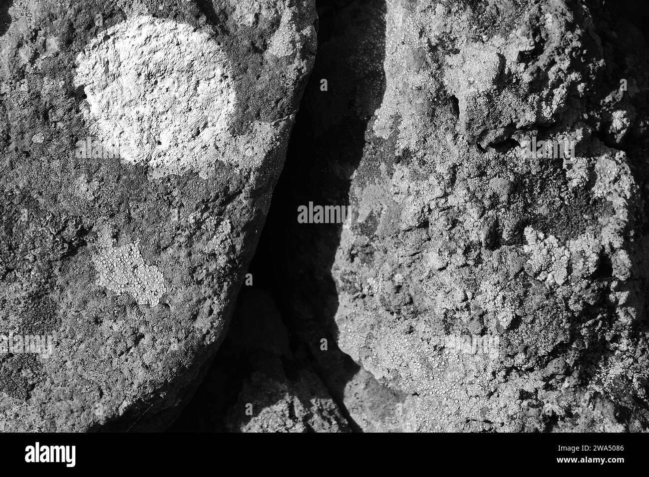 Astrazione di un muro di pietra in bianco e nero testurizzato. Foto Stock