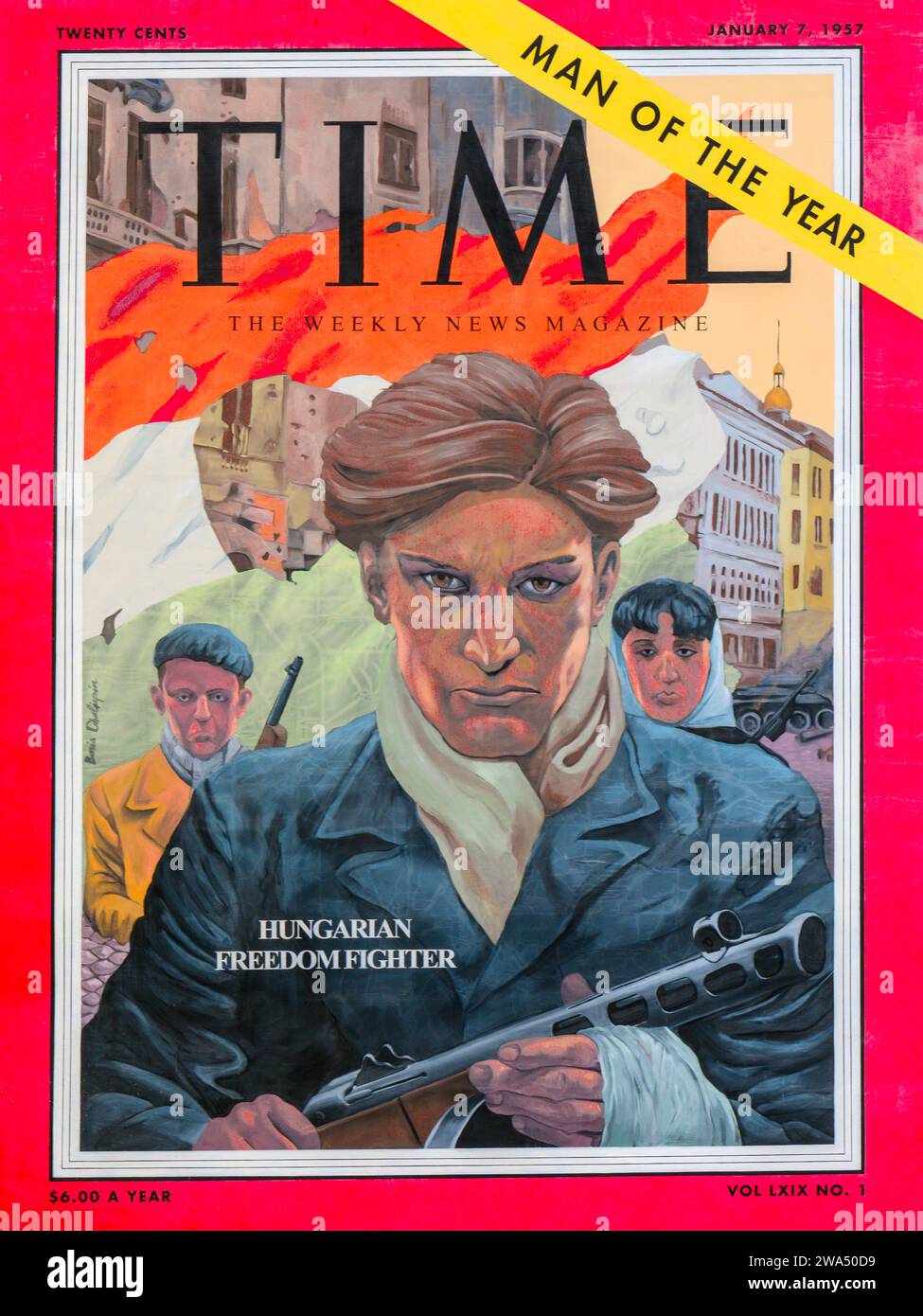Hungarian Freedom Fighters su Time Magazine copertina 7 gennaio 1957 graffiti su un muro di un edificio a Wesselenyi utca, Budapest, Ungheria Foto Stock