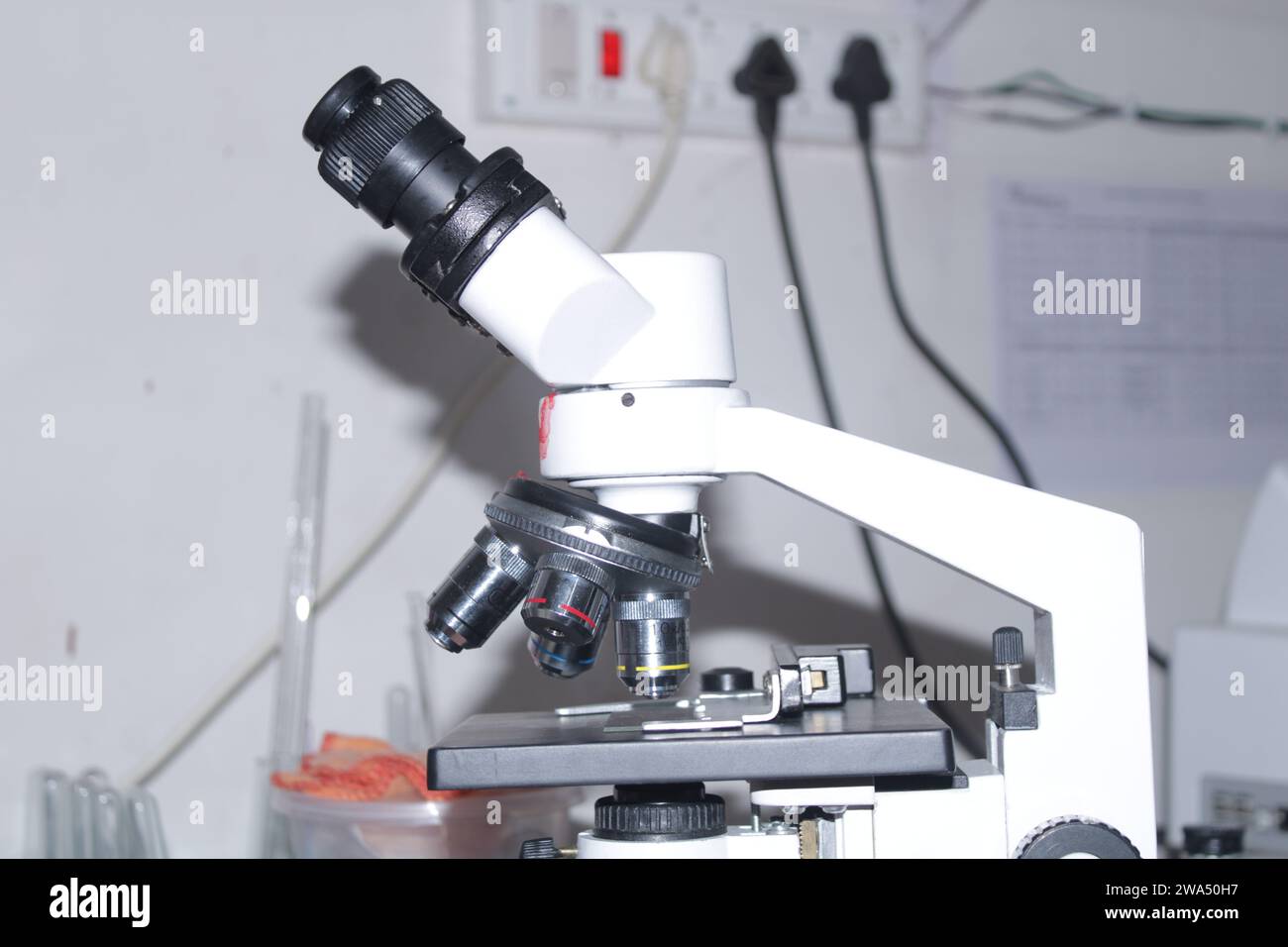 Il microscopio Clouse Up rimane in patologia. India Foto Stock