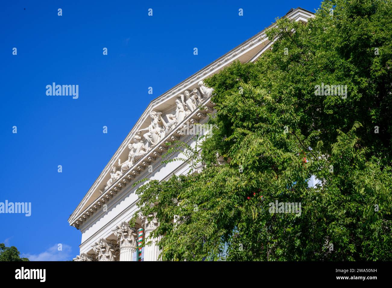 Ingresso frontale esterno e parco del Museo Nazionale Ungherese di Budapest, Ungheria Foto Stock