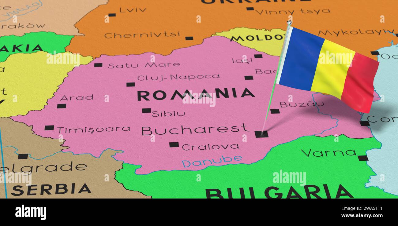 Romania, Bucarest - bandiera nazionale fissata sulla mappa politica - illustrazione 3D. Foto Stock