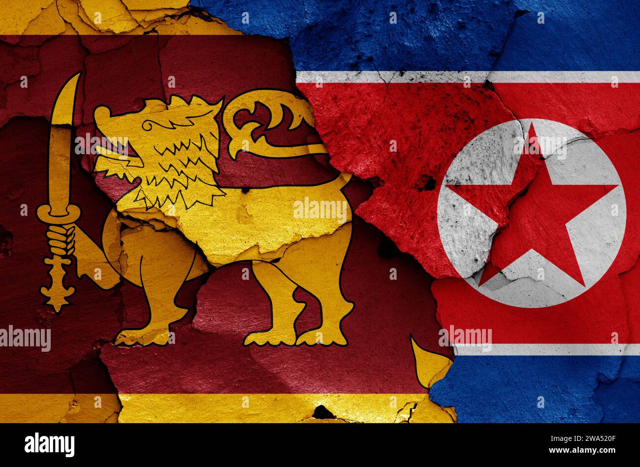 Bandiere dello Sri Lanka e della Corea del Nord dipinte su un muro incrinato Foto Stock