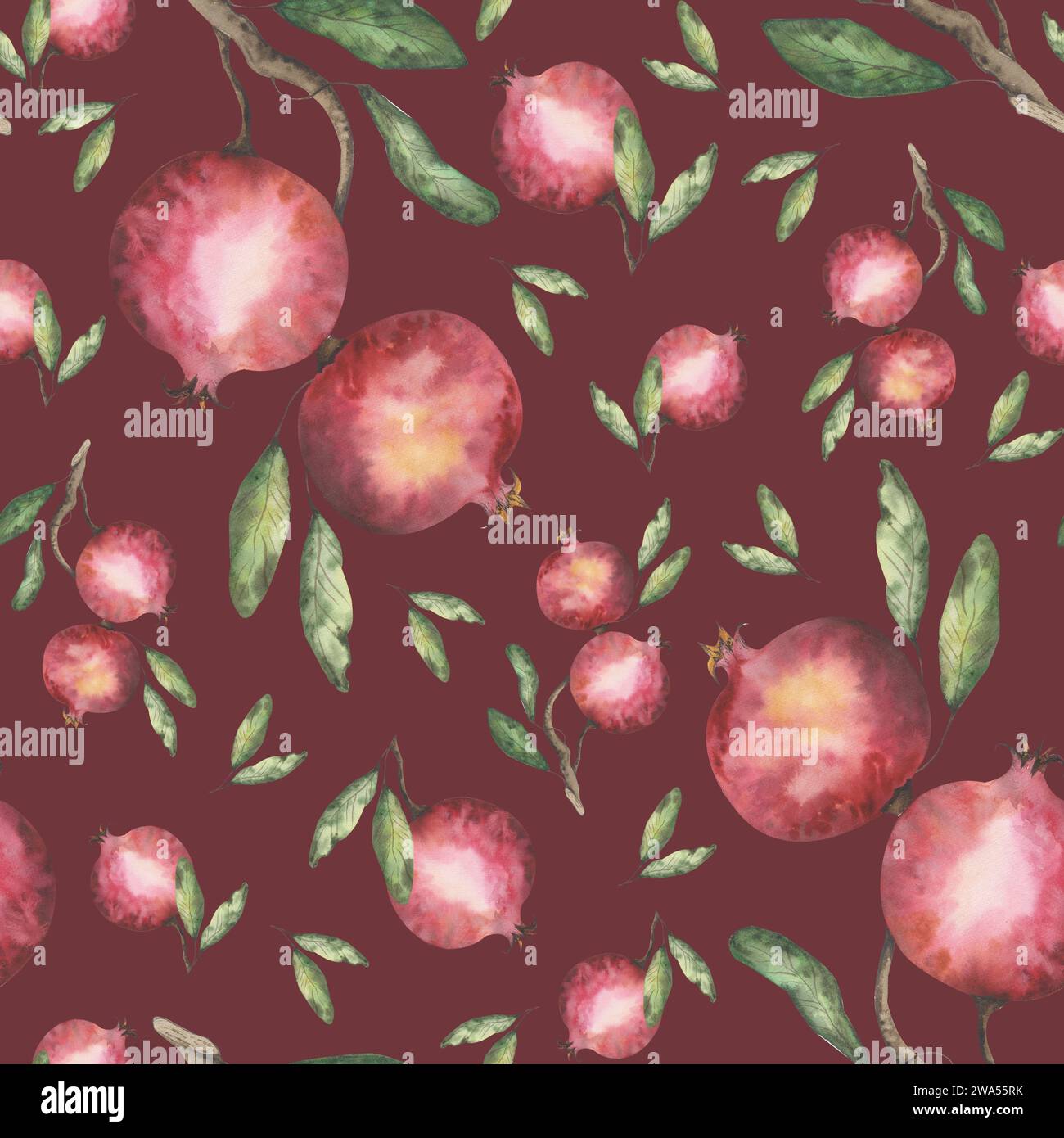Motivo senza cuciture con melograno e foglie su sfondo rosso. Illustrazione ad acquerello per la decorazione e il design di tessuti, tessuti, souvenir Foto Stock