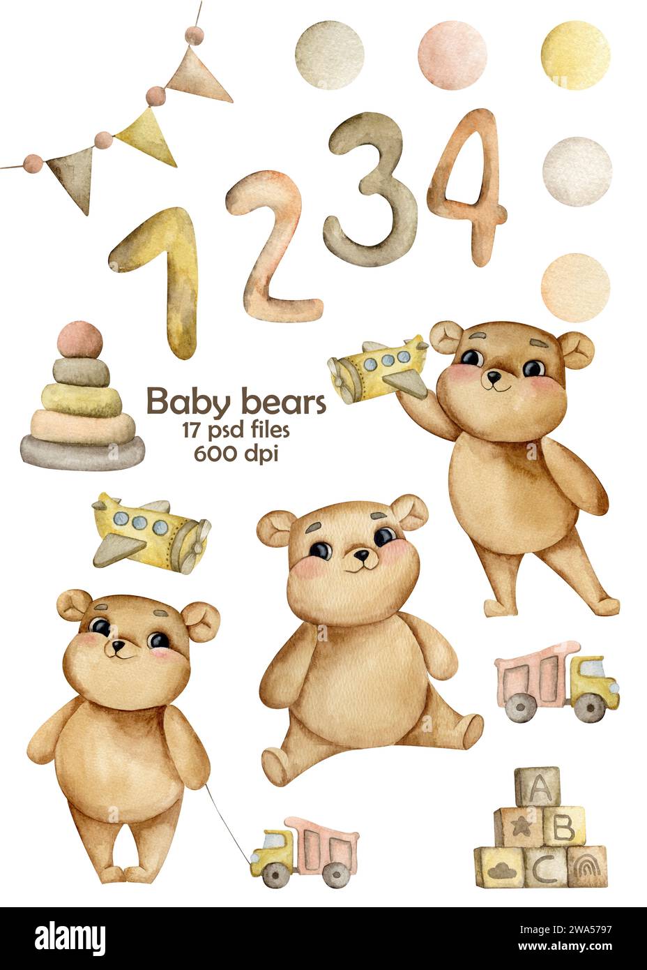 Set di orsi per bambini con giocattoli e cerchi in colori pastello Foto Stock