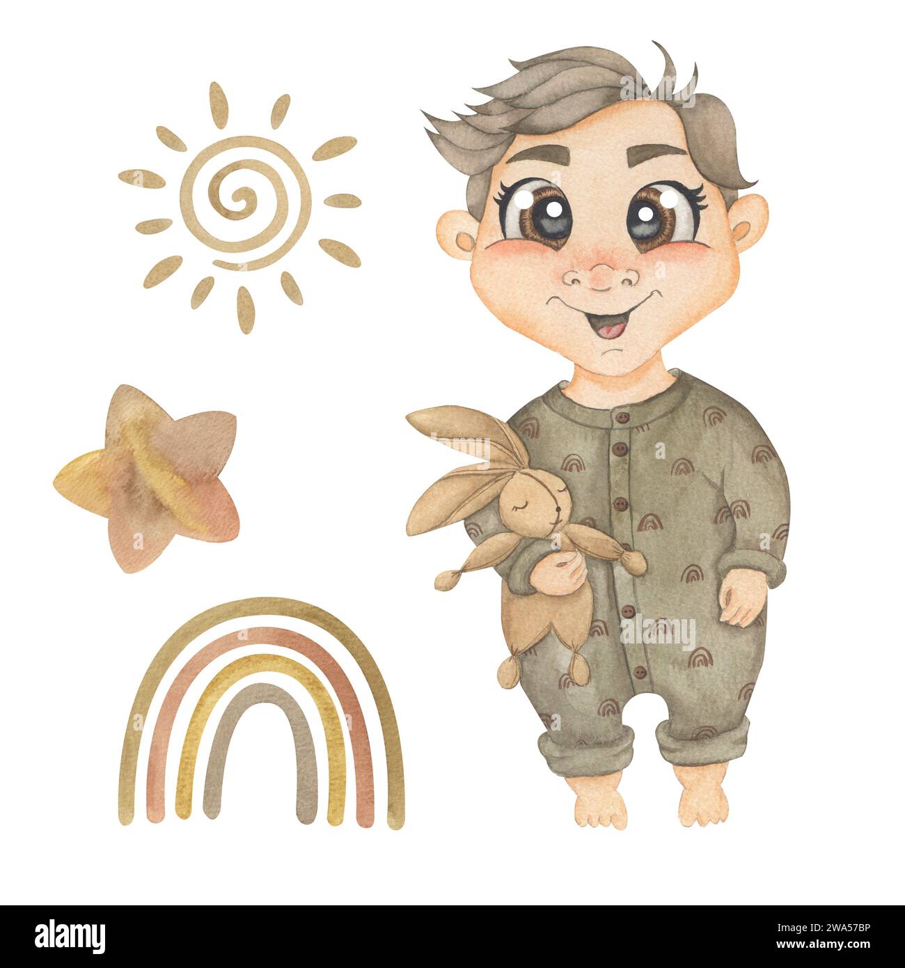 Collezione un ragazzo con una tuta marrone tiene in mano un morbido giocattolo, il sole dell'acquerello, l'arcobaleno ad acquerello, la stella dell'acquerello Foto Stock