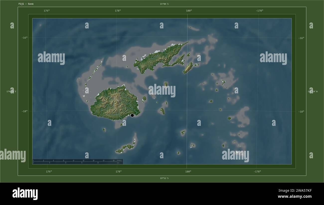 Le Figi sono evidenziate su una mappa di elevazione di colore pallido con mappa di laghi e fiumi con la capitale del paese, la griglia cartografica, la scala di distanza e la mappa Foto Stock