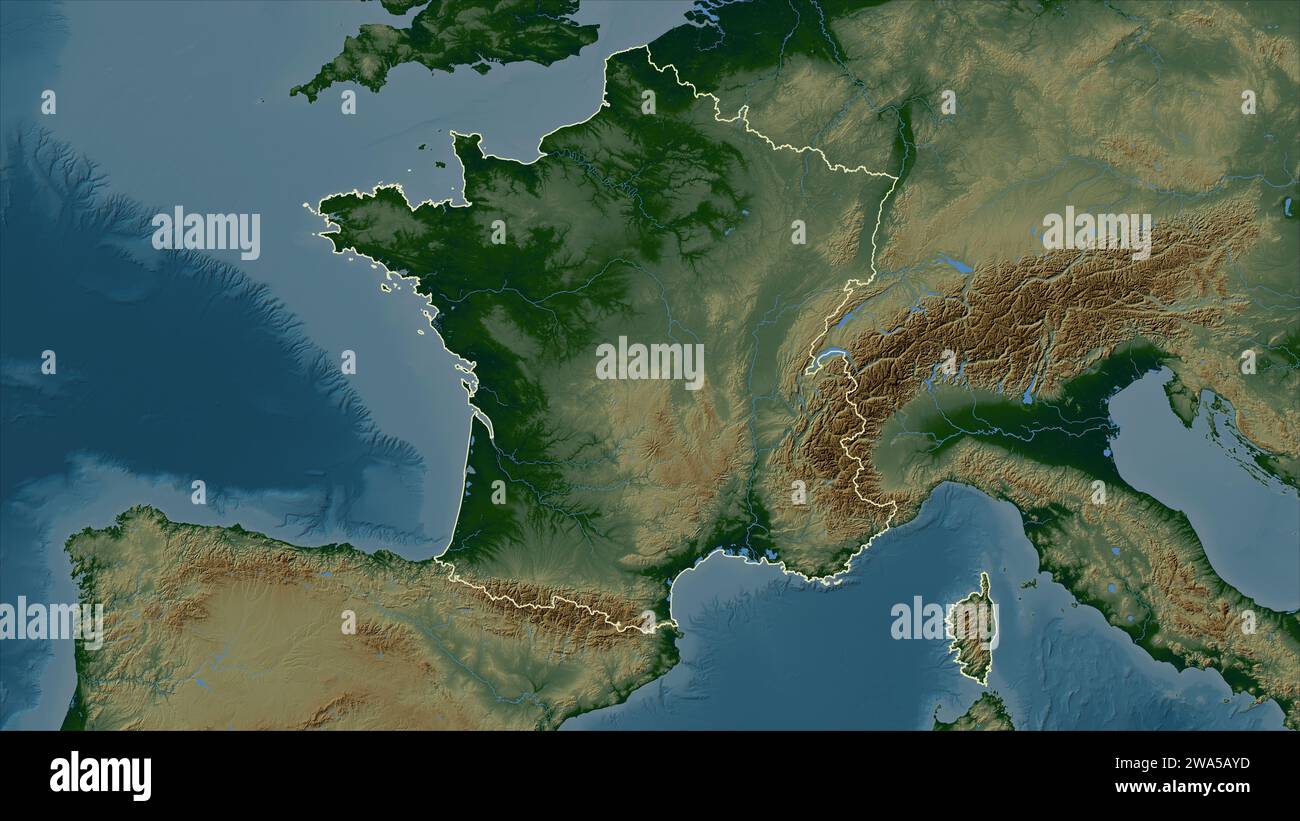 La Francia è delineata su una mappa colorata con laghi e fiumi Foto Stock