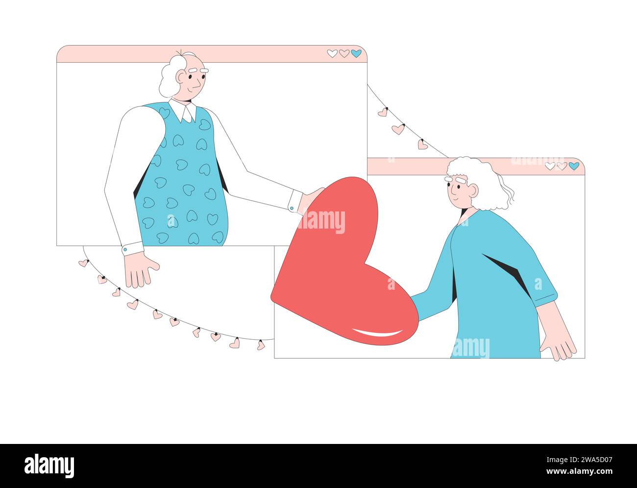 Incontri virtuali online per coppie di anziani. Scambio di regali per San Valentino. Donna e uomo sposati che danno e ricevono regali. Amate le festività. Feb Illustrazione Vettoriale