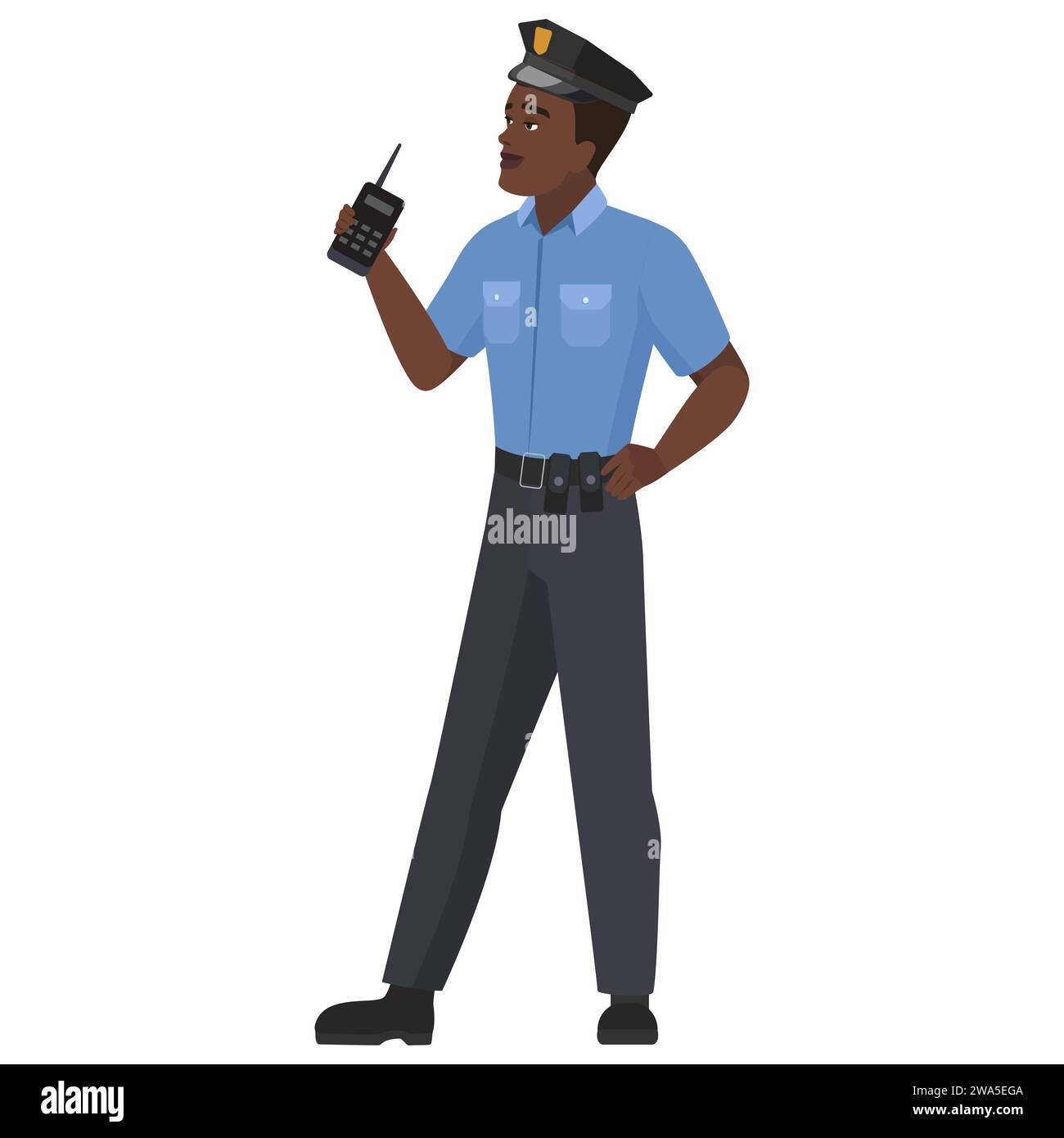 Poliziotto nero con walkie talkie. Illustrazione vettoriale dei cartoni animati dell'agente di polizia del servizio di pattuglia Illustrazione Vettoriale