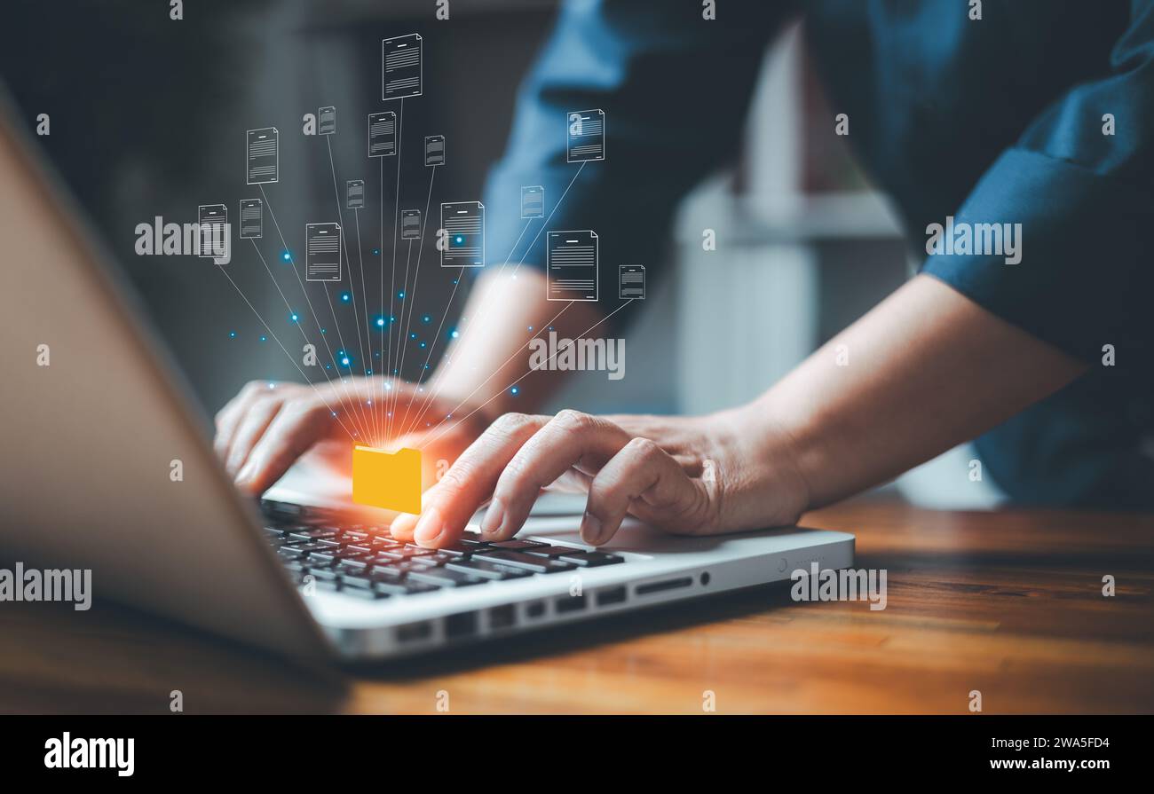 Concetto di sistema di gestione elettronica dei documenti, ricerca e gestione aziendale di file database di documenti online, archiviazione efficiente e informazioni aziendali Foto Stock