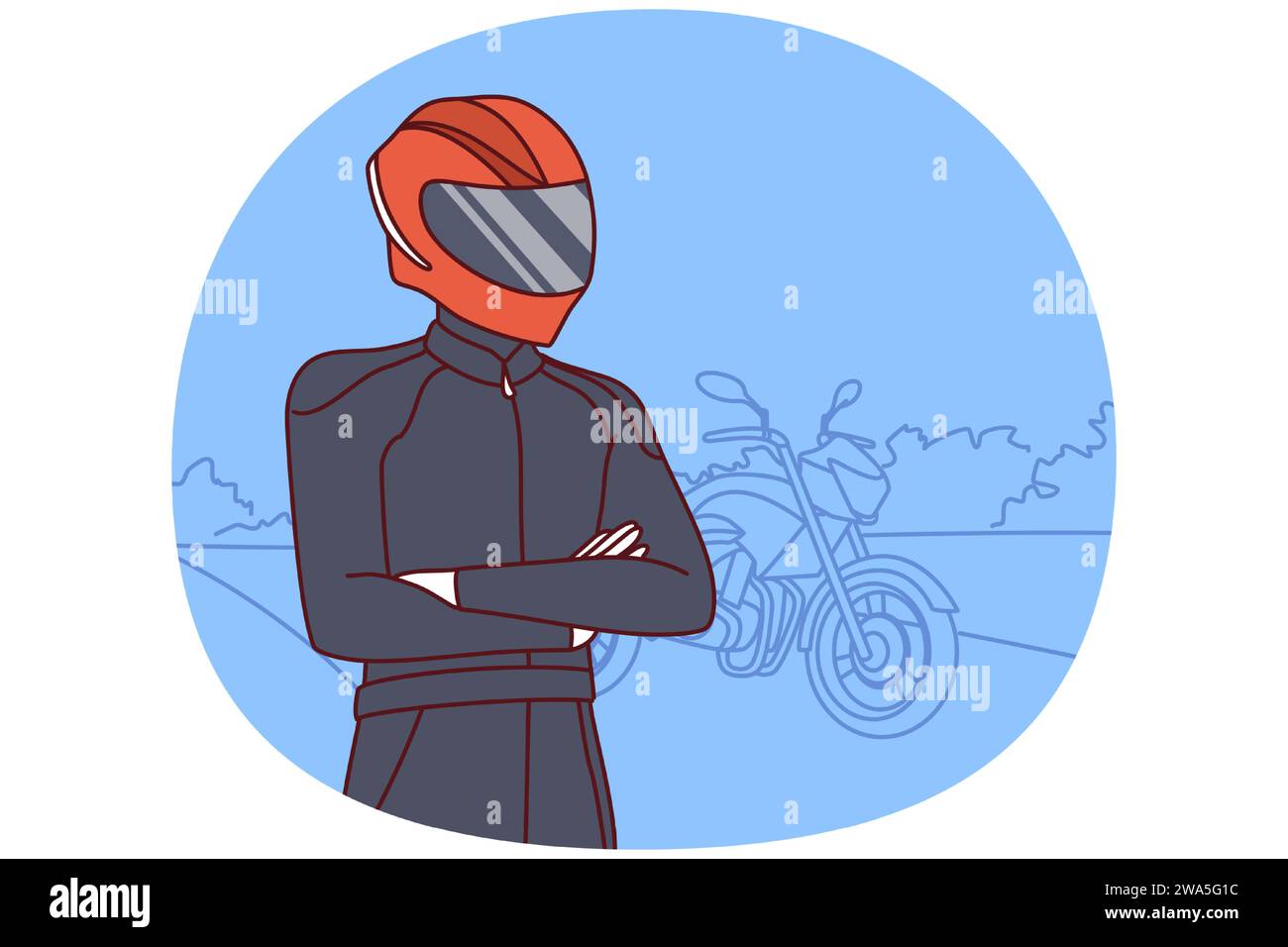 Motociclista in abbigliamento per motociclette da equitazione professionali e casco protettivo che copre viso e occhi. Umano con la moto per le corse estreme si alza su strada e guarda in lontananza. Disegno vettoriale piatto Illustrazione Vettoriale