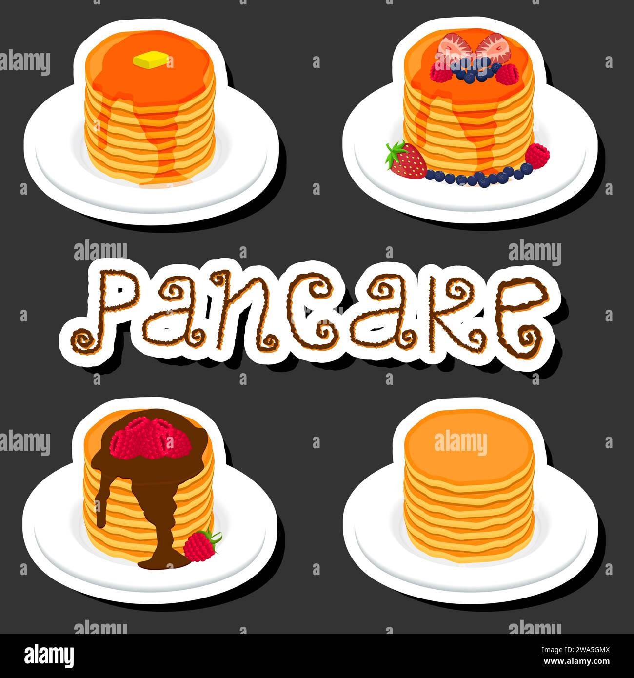 Illustrazione del tema dolce e gustoso pancake composto da vari ingredienti, pancake di diversi cibi commestibili, pancake di design per questo pasto fresco Illustrazione Vettoriale