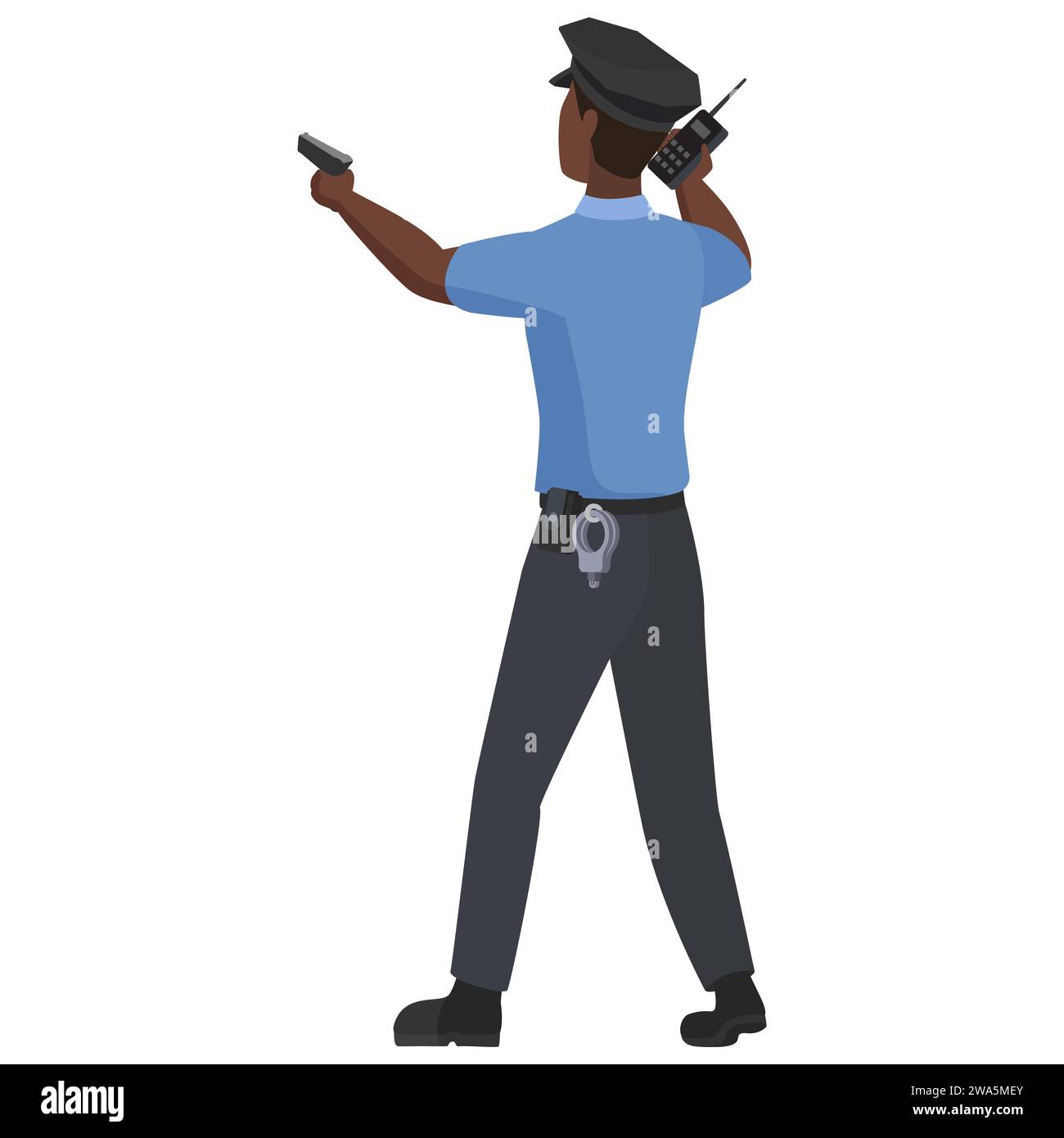 Vista posteriore del poliziotto nero che punta con la pistola. Ufficiale maschio africano con illustrazione vettoriale dei cartoni animati walkie talkie Illustrazione Vettoriale