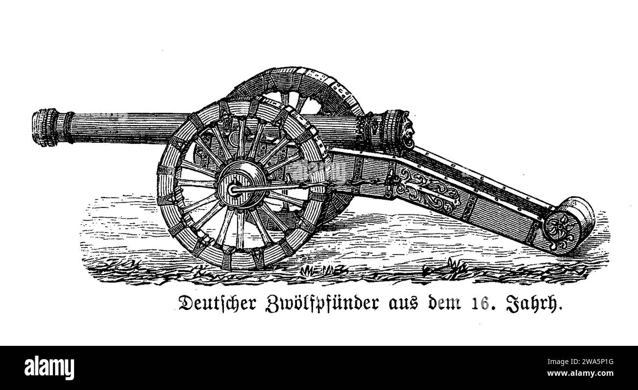 Guerra rinascimentale, 16 ° secolo tedesco 12 libbre cannone su carrello a due ruote limber come artiglieria da campo Foto Stock