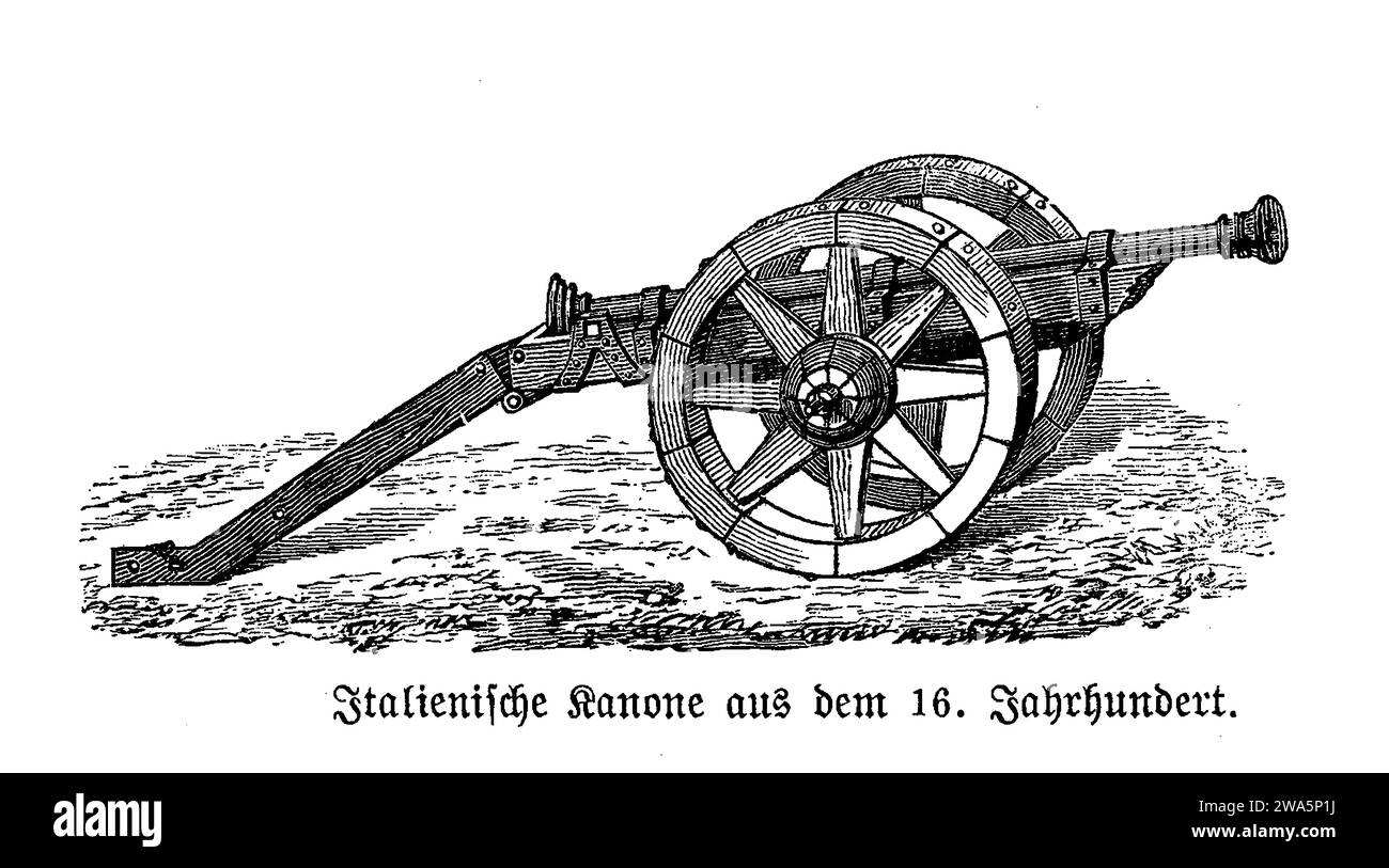 Guerra rinascimentale, cannone italiano del XVI secolo su carretto a due ruote in legno come artiglieria da campo Foto Stock