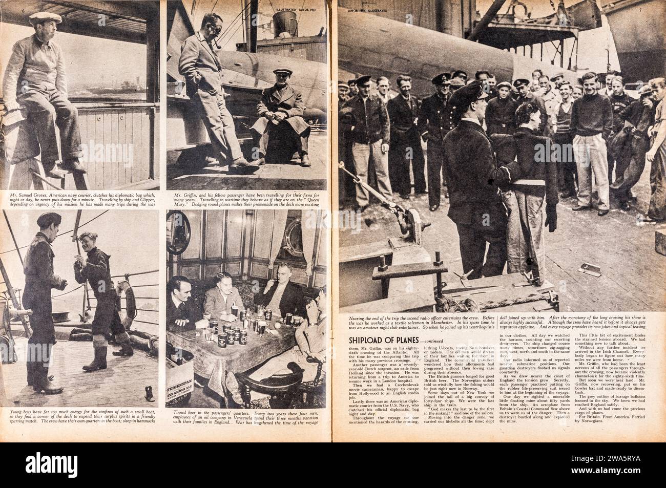 Un articolo della rivista "Illustrated" del 1941, del famoso fotografo di guerra Robert Capa, scritto e fotografato mentre attraversava l'Atlantico per coprire la guerra in Europa. Viaggiò su una nave che trasportava aerei militari americani per l'uso da parte della Gran Bretagna, nell'ambito del piano di Lend-lease - gli Stati Uniti non erano in quel momento coinvolti nella guerra. La storia completa è contenuta nelle immagini 2WA5RHE, 2WA5RMK e 2WA5RYA Foto Stock