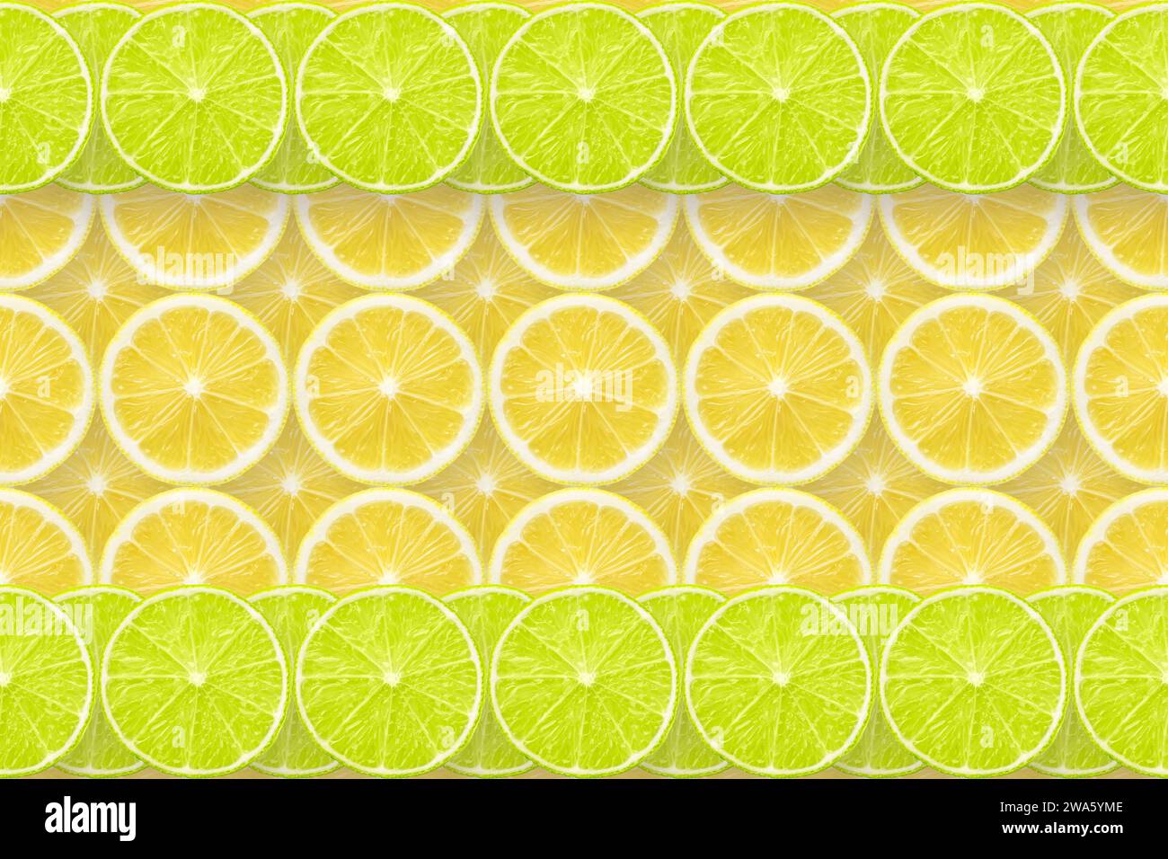 sfondo a fette di limone con strisce di lime sulla parte superiore e inferiore, motivo senza cuciture in direzione orizzontale Foto Stock